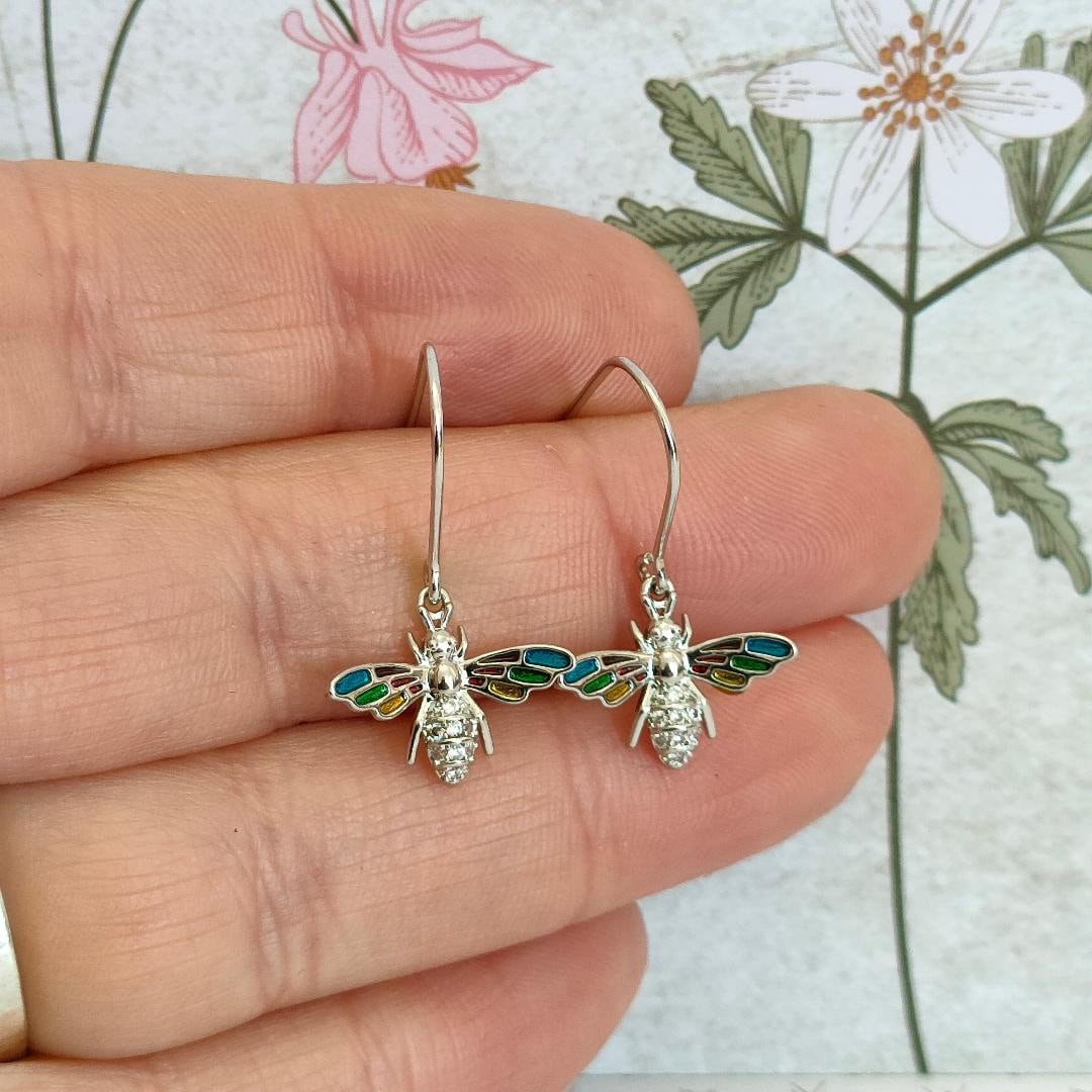 Rainbow Wing Bee Earrings, Sterling Silver 925 Bee Earrings with Cubic Zirconia, Shepard Hook Boho Earrings, Minimalistic Jewellery