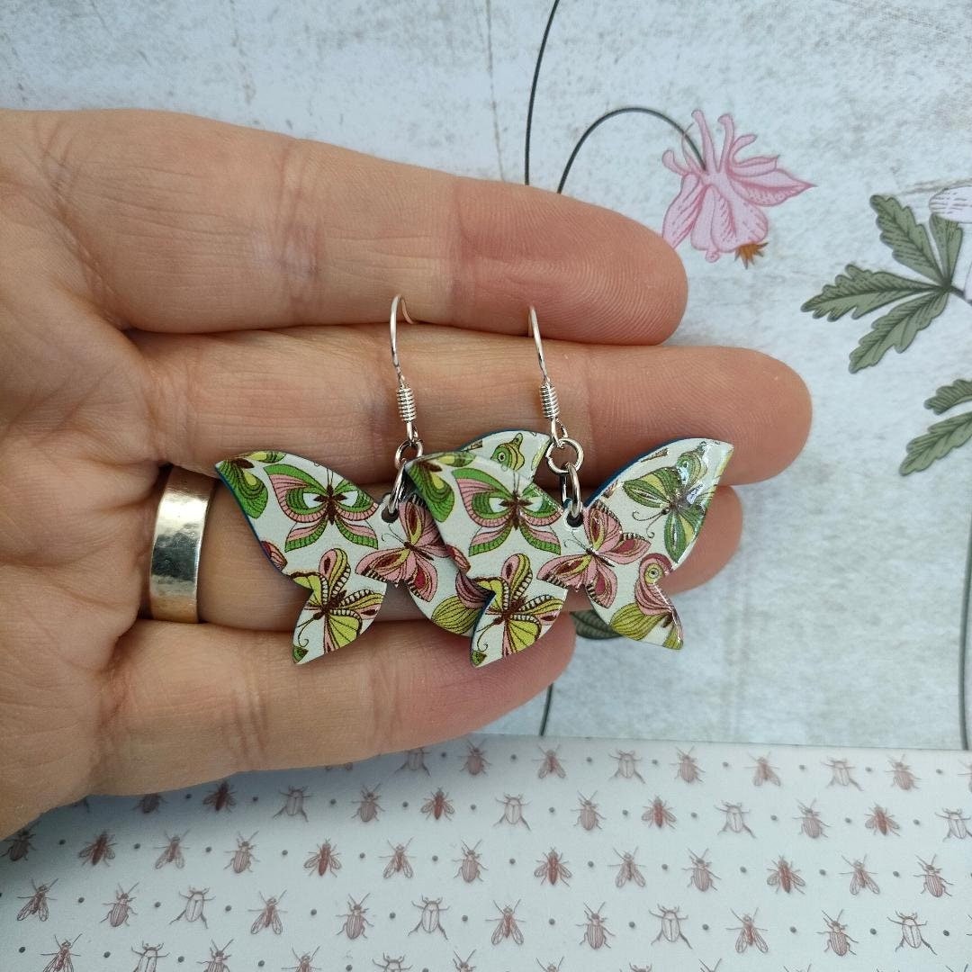Printed 3D Opaque Acrylic Butterfly Earrings, Light Green Dangle Drop Butterfly Earrings, Silver 925 Hook