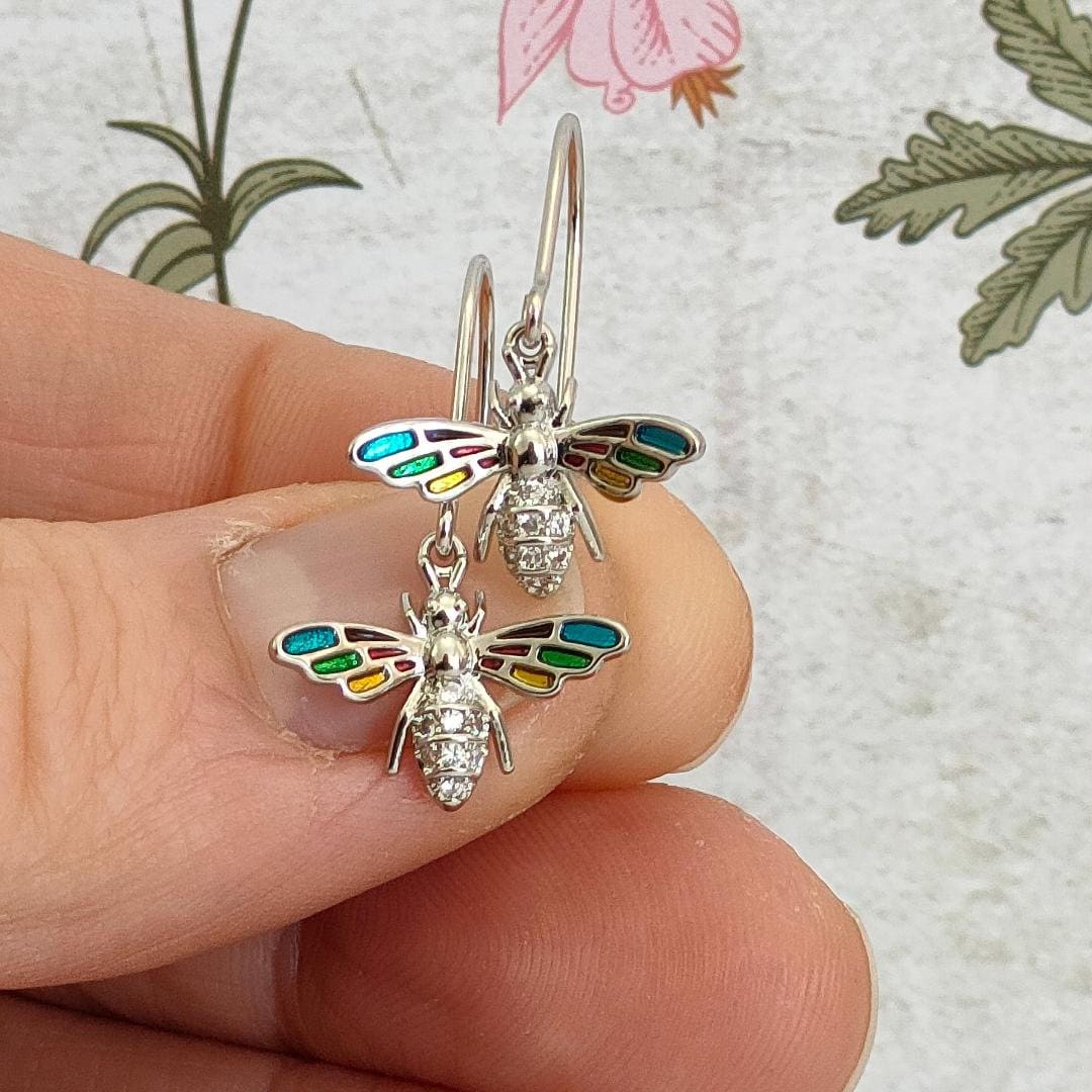 Rainbow Wing Bee Earrings, Sterling Silver 925 Bee Earrings with Cubic Zirconia, Shepard Hook Boho Earrings, Minimalistic Jewellery