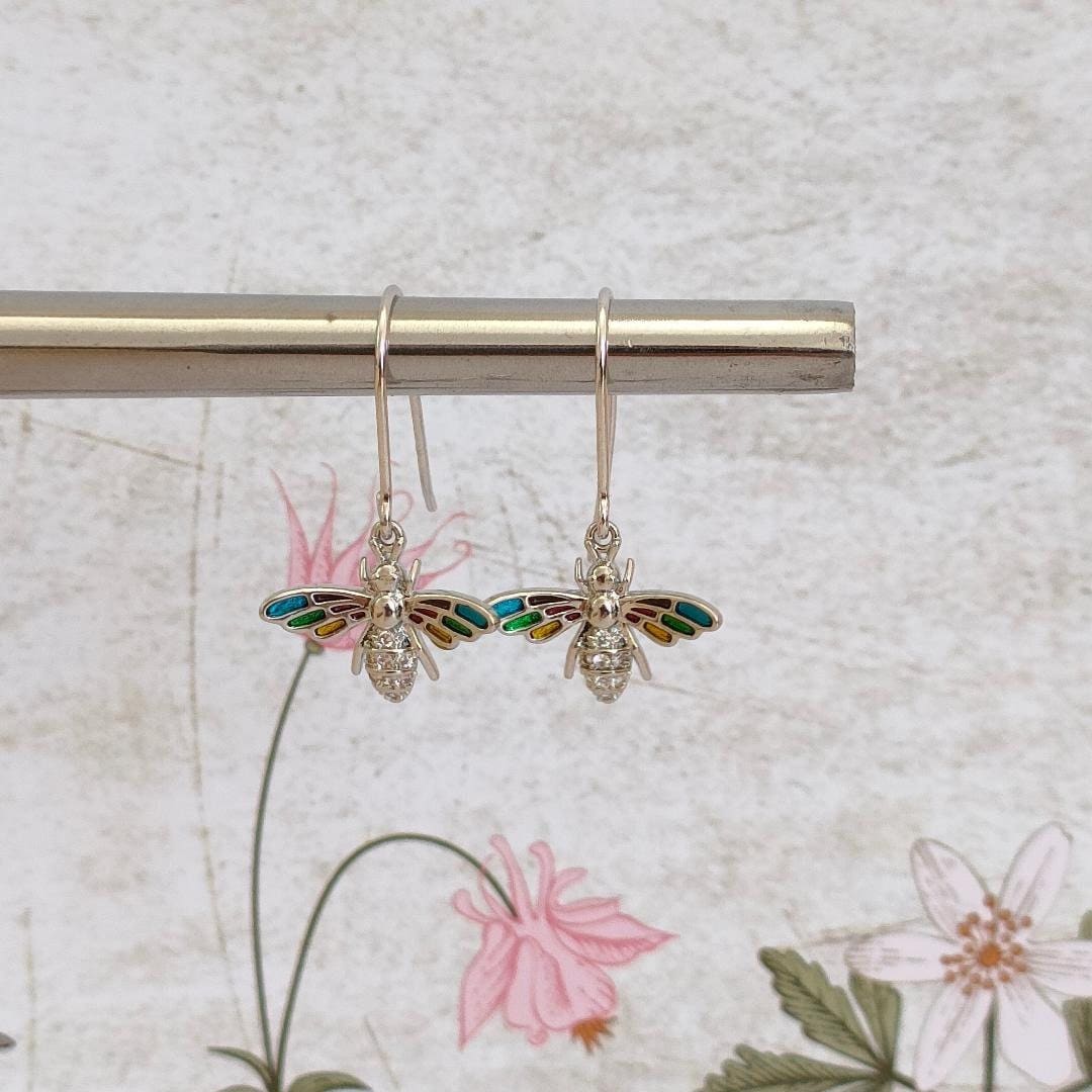 Rainbow Wing Bee Earrings, Sterling Silver 925 Bee Earrings with Cubic Zirconia, Shepard Hook Boho Earrings, Minimalistic Jewellery
