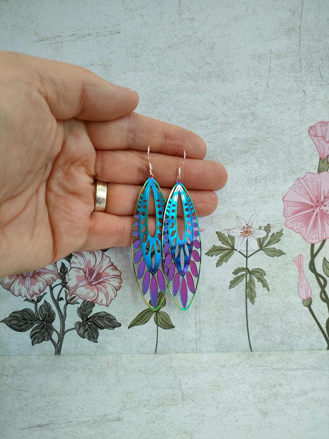 Oversized 90's inspired Filigree Earrings, Holographic Earrings, Colour changing earrings for women