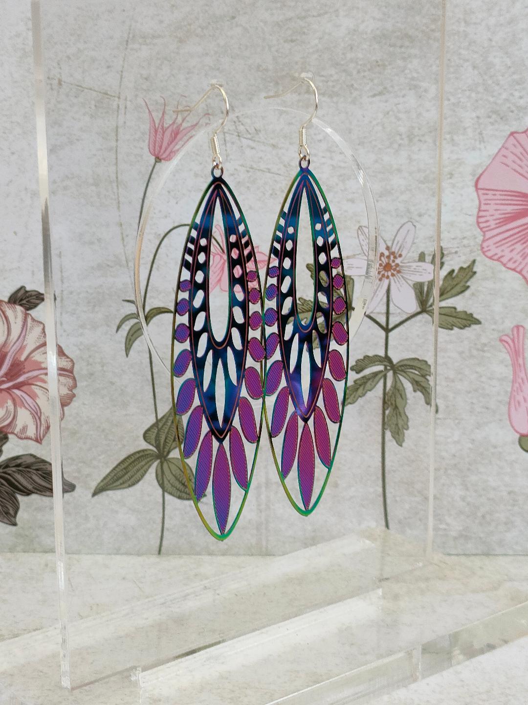 Oversized 90's inspired Filigree Earrings, Holographic Earrings, Colour changing earrings for women