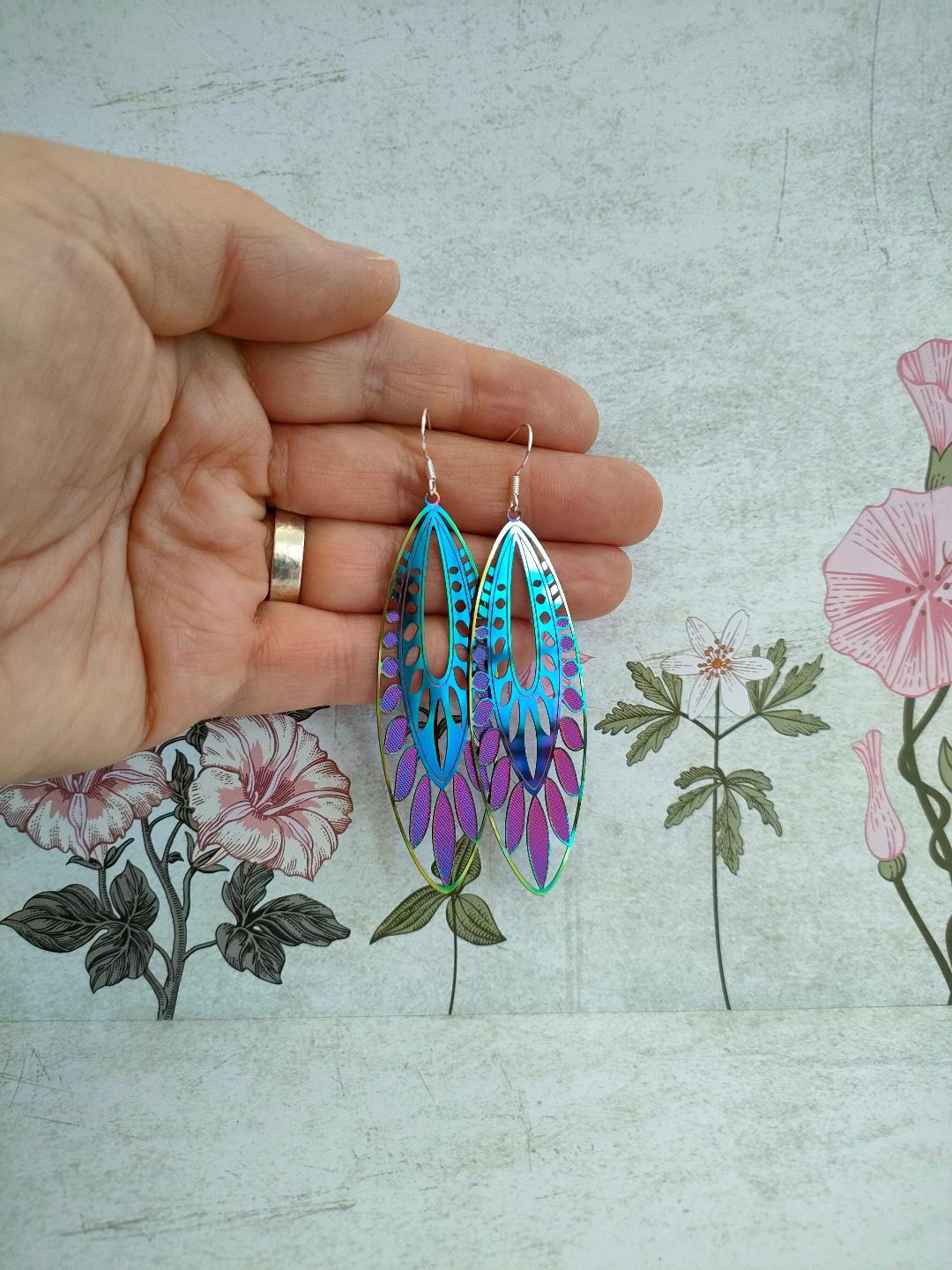 Oversized 90's inspired Filigree Earrings, Holographic Earrings, Colour changing earrings for women
