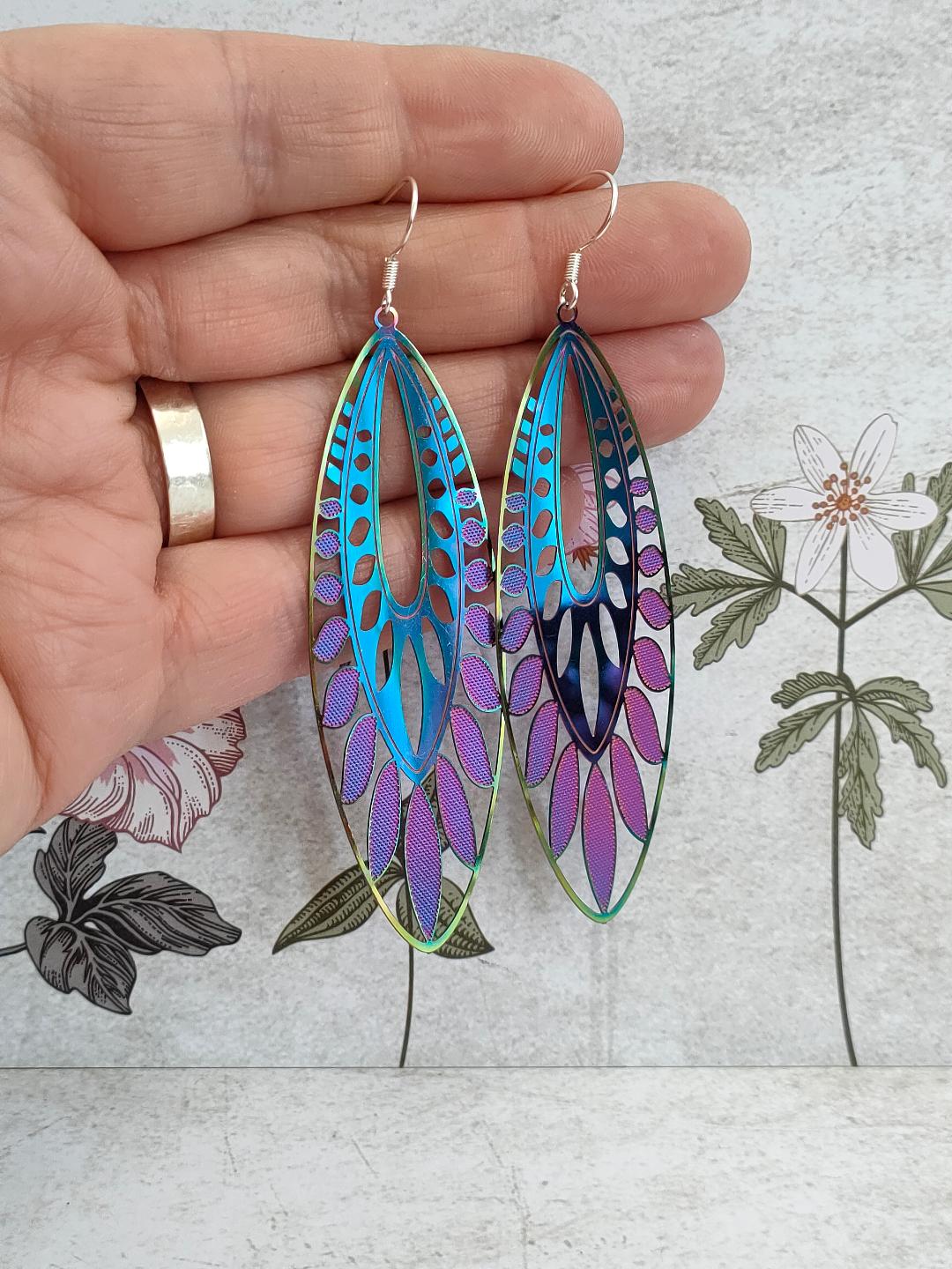 Oversized 90's inspired Filigree Earrings, Holographic Earrings, Colour changing earrings for women