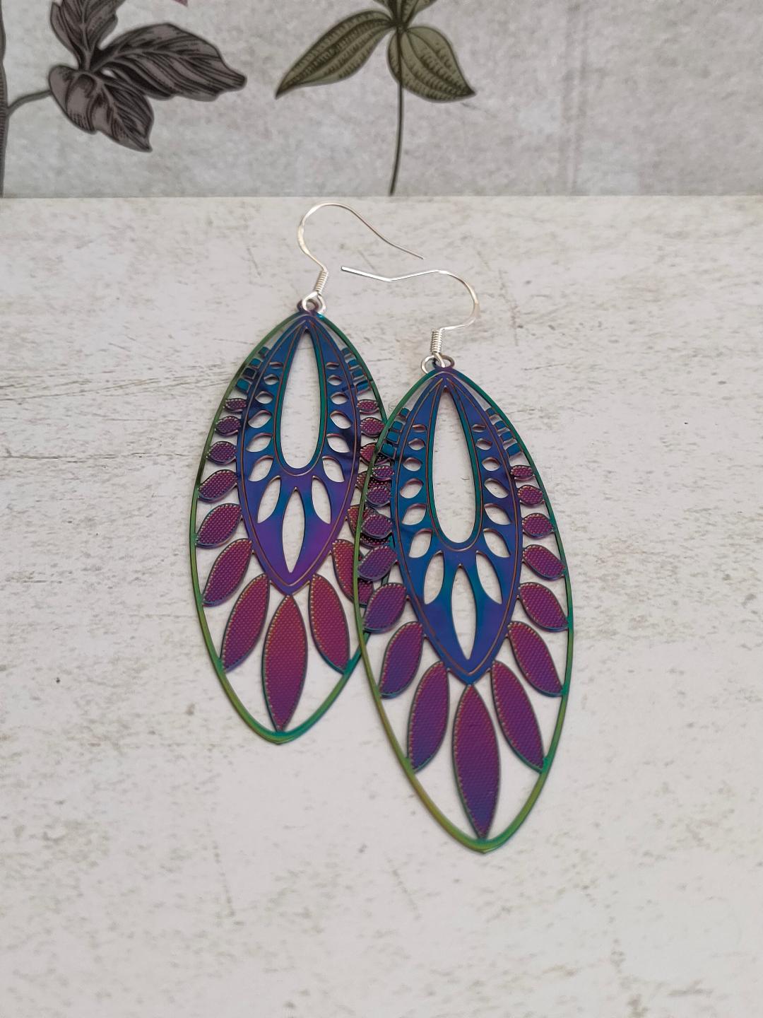 Oversized 90's inspired Filigree Earrings, Holographic Earrings, Colour changing earrings for women