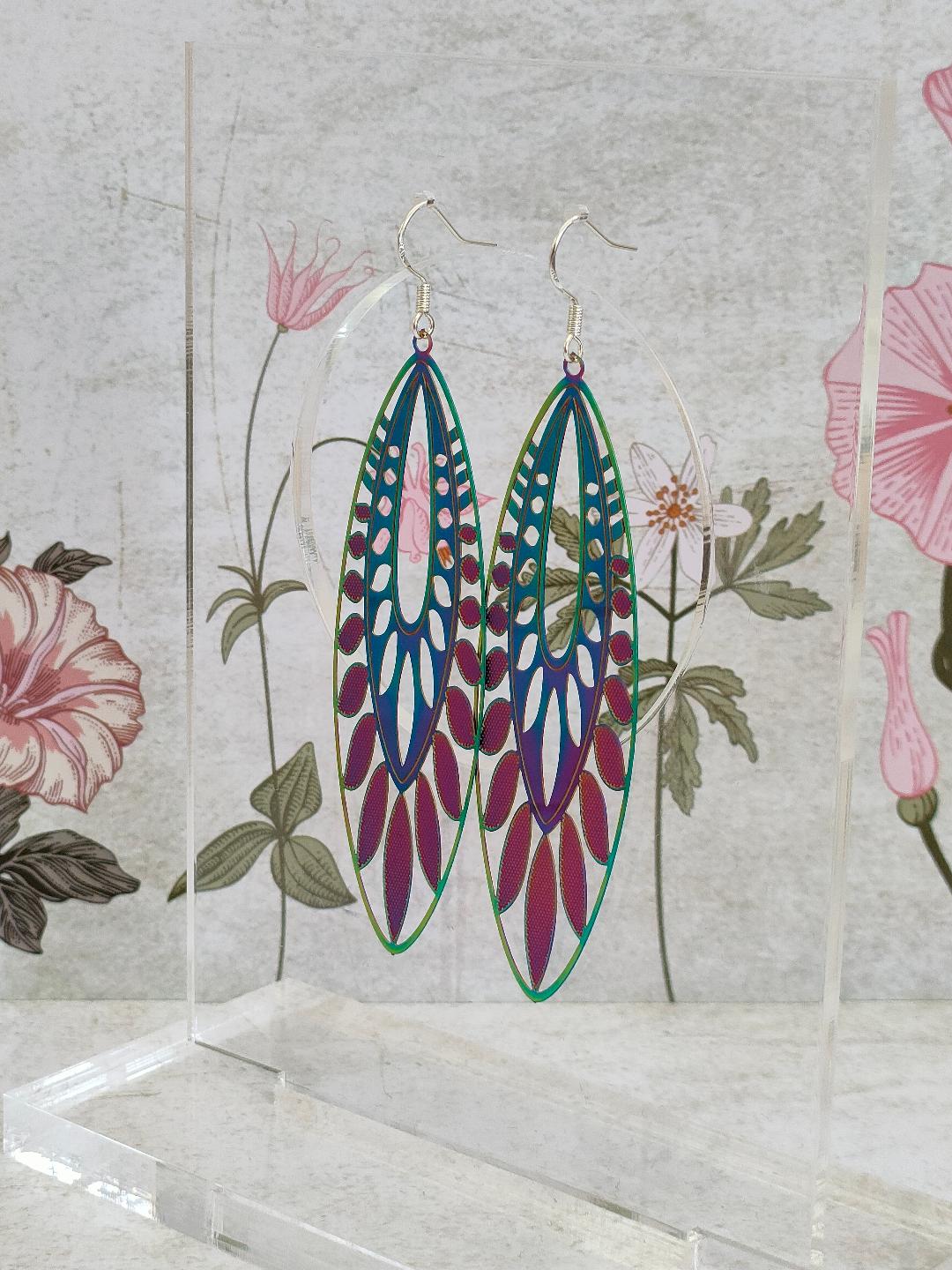 Oversized 90's inspired Filigree Earrings, Holographic Earrings, Colour changing earrings for women