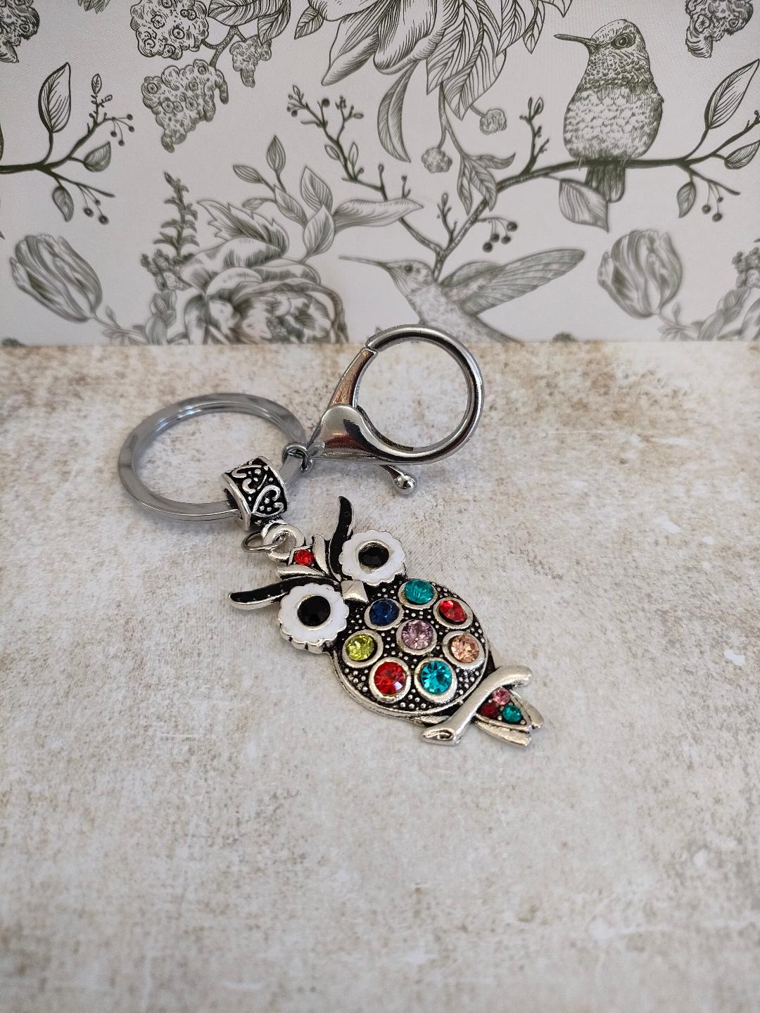 Wise Olw Keychains, Tibetan Style Owl with Rhinestones, Bird Themed Bag accessories and Keyrings