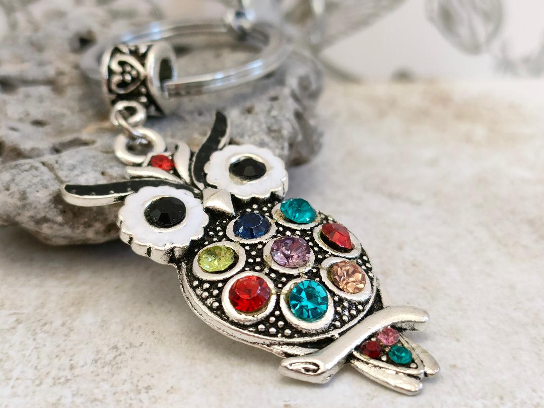Wise Olw Keychains, Tibetan Style Owl with Rhinestones, Bird Themed Bag accessories and Keyrings
