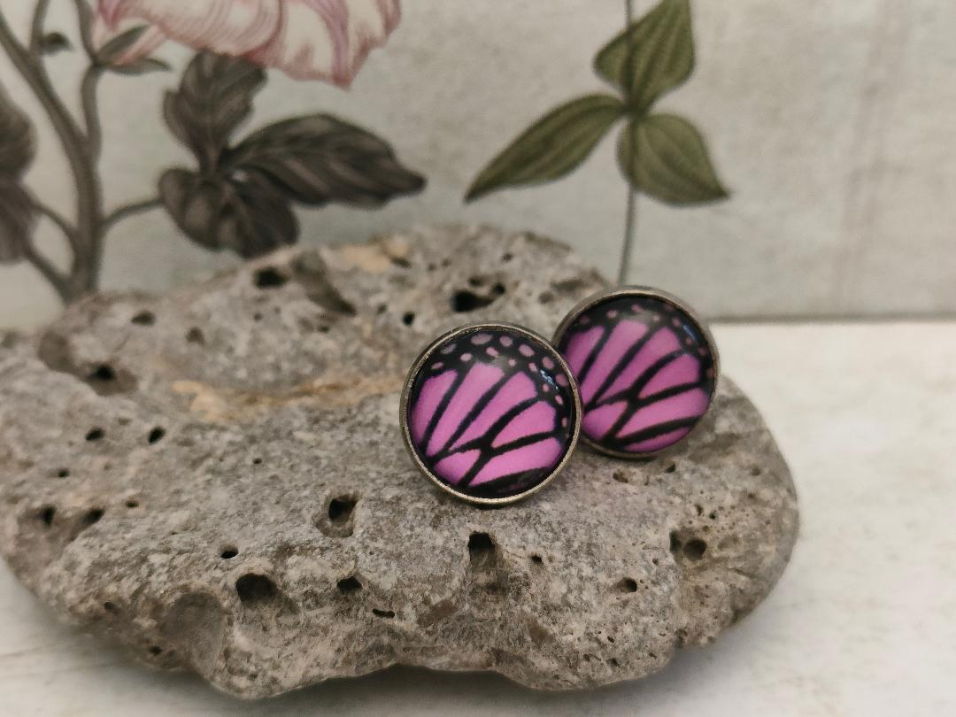 12mm Butterfly Wing Print Studs, Insect Earrings for Her, Purple and Black Butterfly Earrings, Gift for Mum, Hypoallergenic Studs.