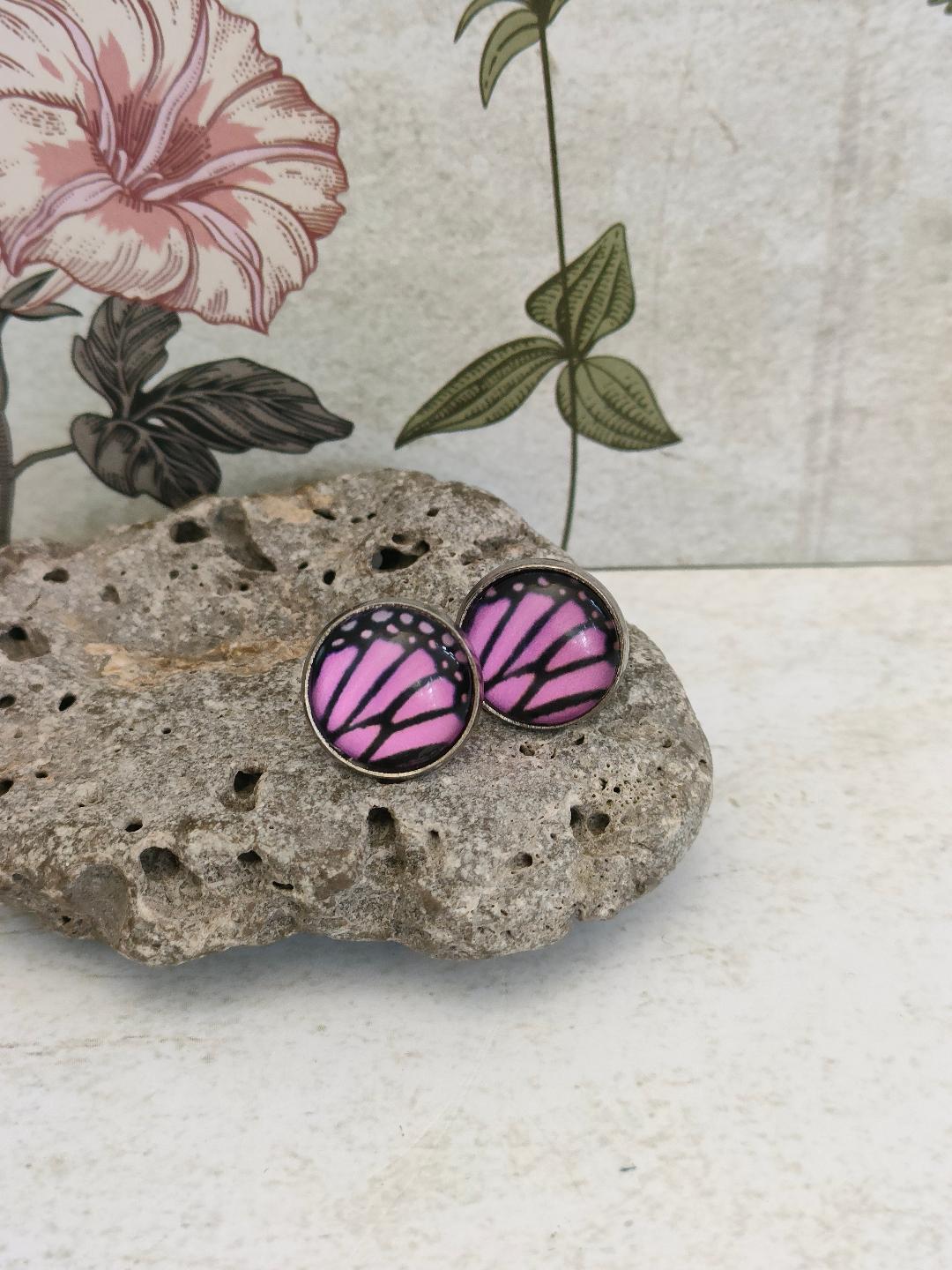 12mm Butterfly Wing Print Studs, Insect Earrings for Her, Purple and Black Butterfly Earrings, Gift for Mum, Hypoallergenic Studs.