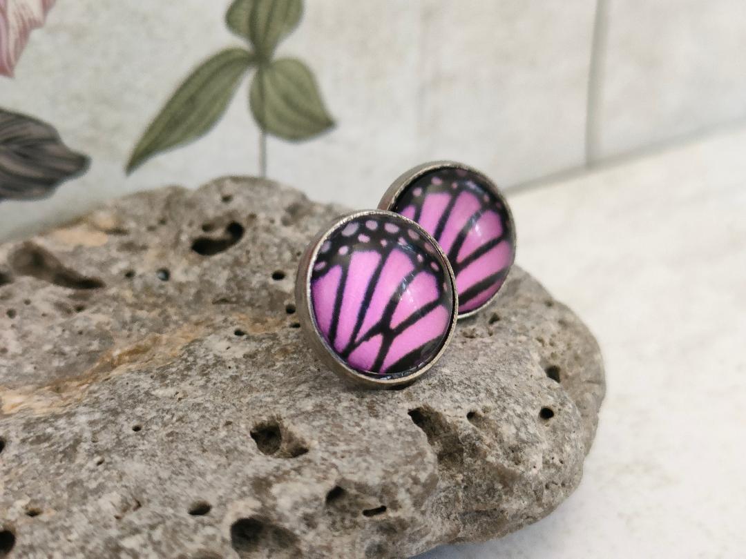 12mm Butterfly Wing Print Studs, Insect Earrings for Her, Purple and Black Butterfly Earrings, Gift for Mum, Hypoallergenic Studs.