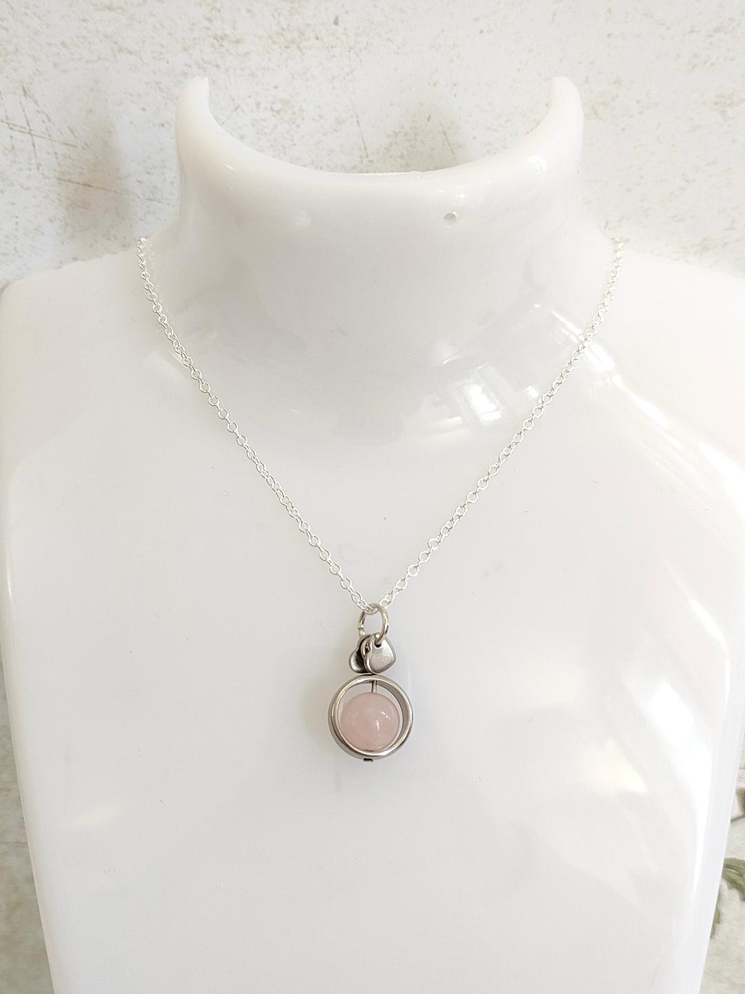 Fidget Necklaces, Rose Quartz Beed Fidget Jewellery with Stainless Steel Hearts, Worry Jewellery.