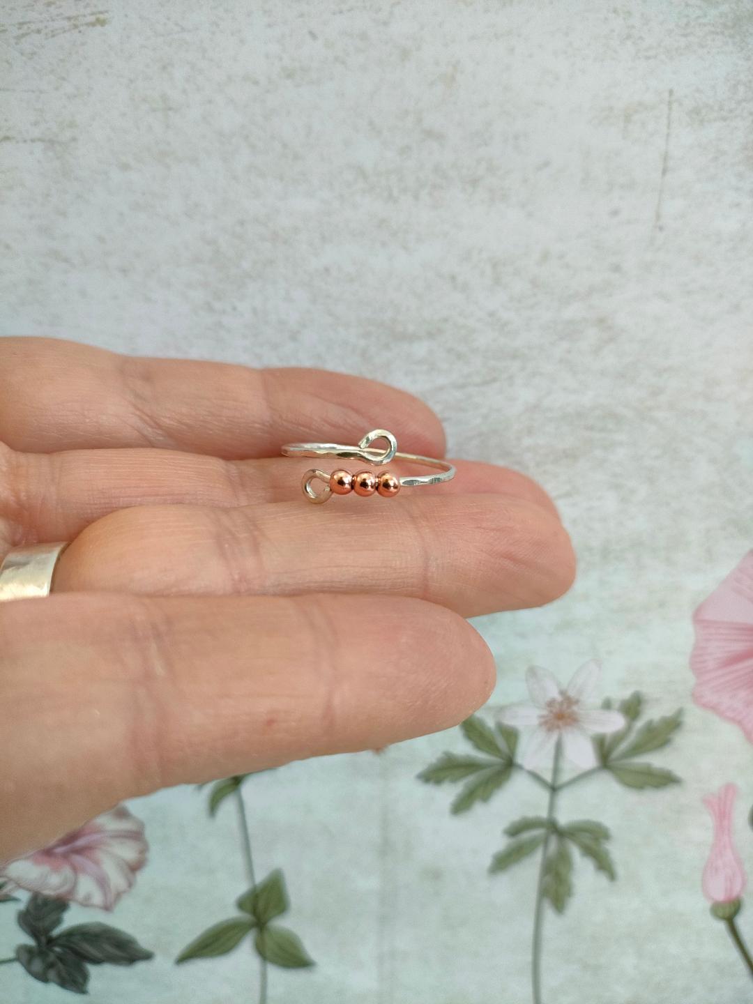925 Sterling Silver Thumb Fidget ring with 3x Rose Gold plated beads. Silver 925 Anxiety Ring.(1mm thick)