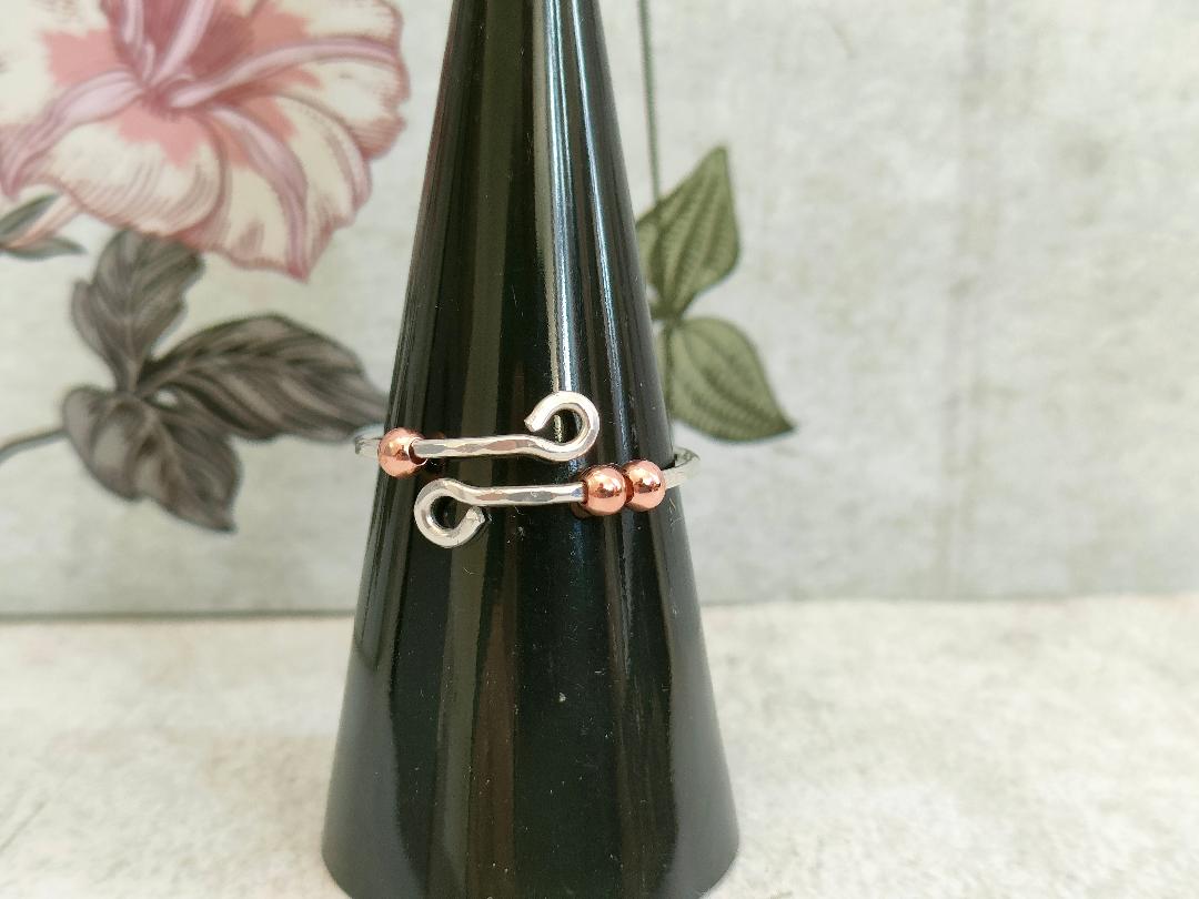 925 Sterling Silver Thumb Fidget ring with 3x Rose Gold plated beads. Silver 925 Anxiety Ring.(1mm thick)