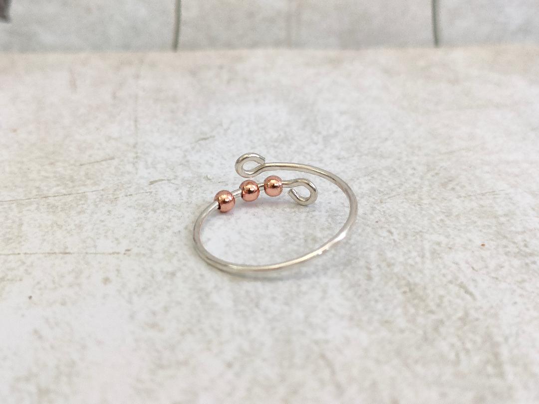 925 Sterling Silver Thumb Fidget ring with 3x Rose Gold plated beads. Silver 925 Anxiety Ring.(1mm thick)