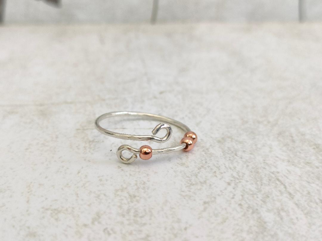 925 Sterling Silver Thumb Fidget ring with 3x Rose Gold plated beads. Silver 925 Anxiety Ring.(1mm thick)