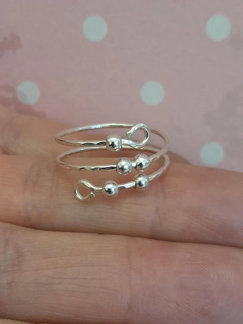 Fidget Thumb Ring, 925 Sterling Silver wire & balls, hand hammered texture ring, Anxiety Ring. (1mm thick)