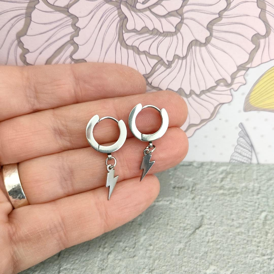 Stainless Steel Hypoallergenic Thunder Bolt Huggie Hoop, Small Hoops with clip fastening