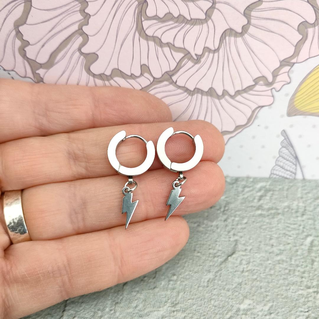 Stainless Steel Hypoallergenic Thunder Bolt Huggie Hoop, Small Hoops with clip fastening