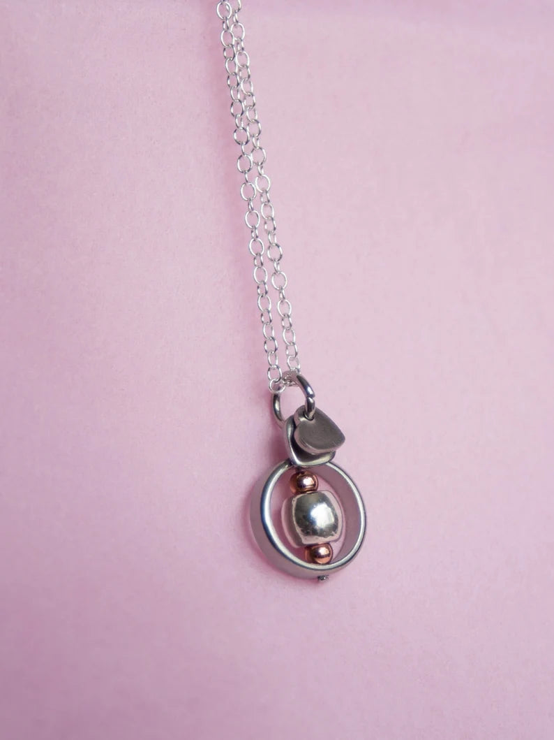 Fidget Necklaces, Alloy and Rose Gold Bead Fidget Jewellery with Stainless Steel Hearts, Worry Jewellery.