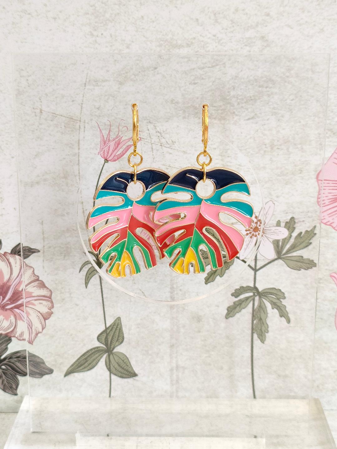 Rainbow Enamel Leaf Huggie Hoop Earrings, Oversized Hoops, Hippy Earrings, Fun Leaf Earrings