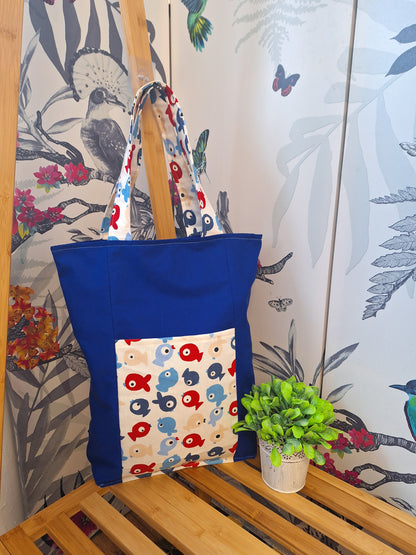 Red and Blue Fish Themed Tote Bag with Outside Pocket, Fully Lined with Shoulder Strap, Everyday Shopping tote Bag, Gift for Fish Lovers.