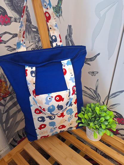 Red and Blue Fish Themed Tote Bag with Outside Pocket, Fully Lined with Shoulder Strap, Everyday Shopping tote Bag, Gift for Fish Lovers.