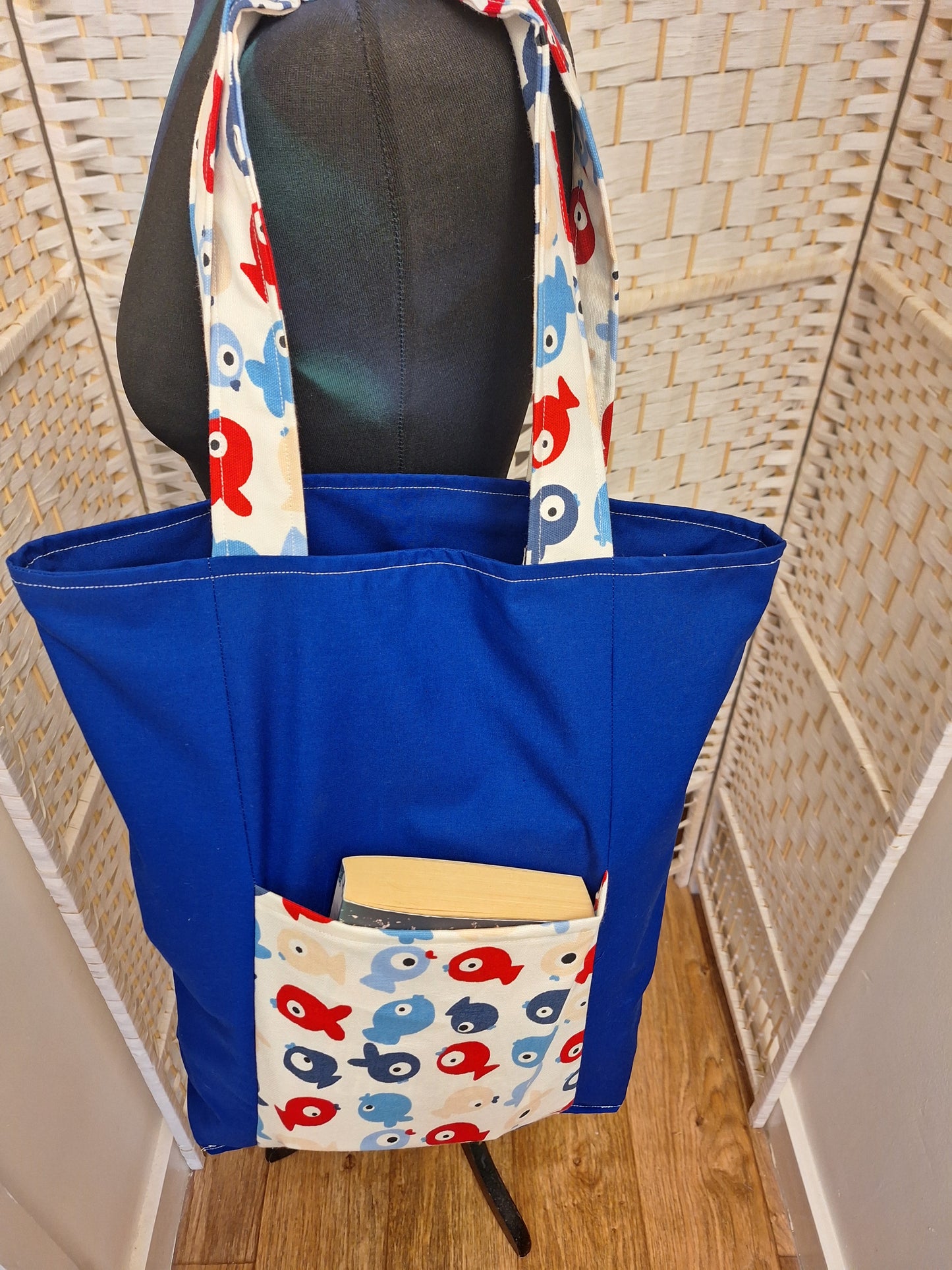 Red and Blue Fish Themed Tote Bag with Outside Pocket, Fully Lined with Shoulder Strap, Everyday Shopping tote Bag, Gift for Fish Lovers.