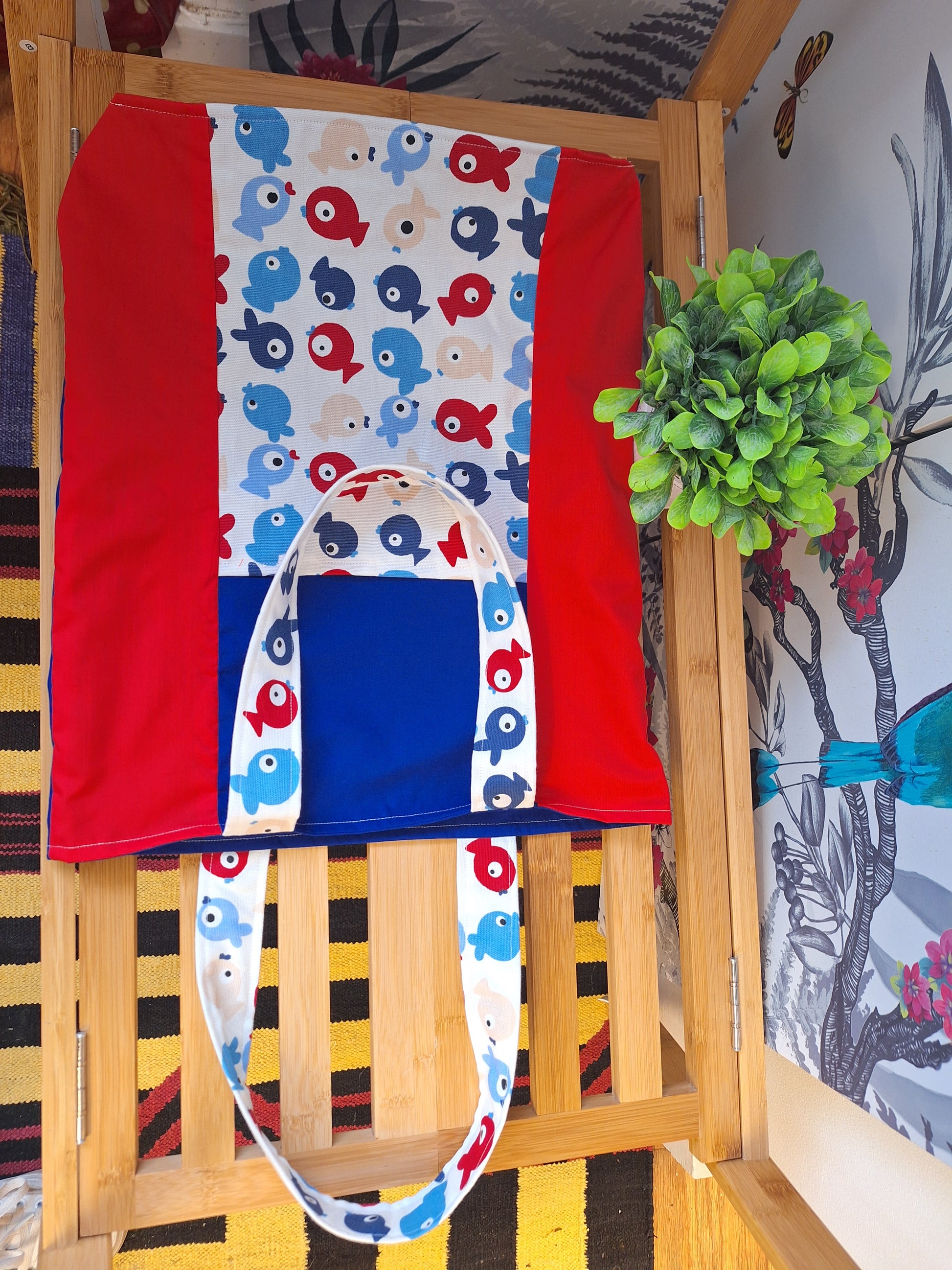 Copy of Red and Blue Fish Themed Tote Bag with Outside Pocket, Fully Lined with Shoulder Strap, Everyday Shopping tote Bag, Gift for Fish Lovers.