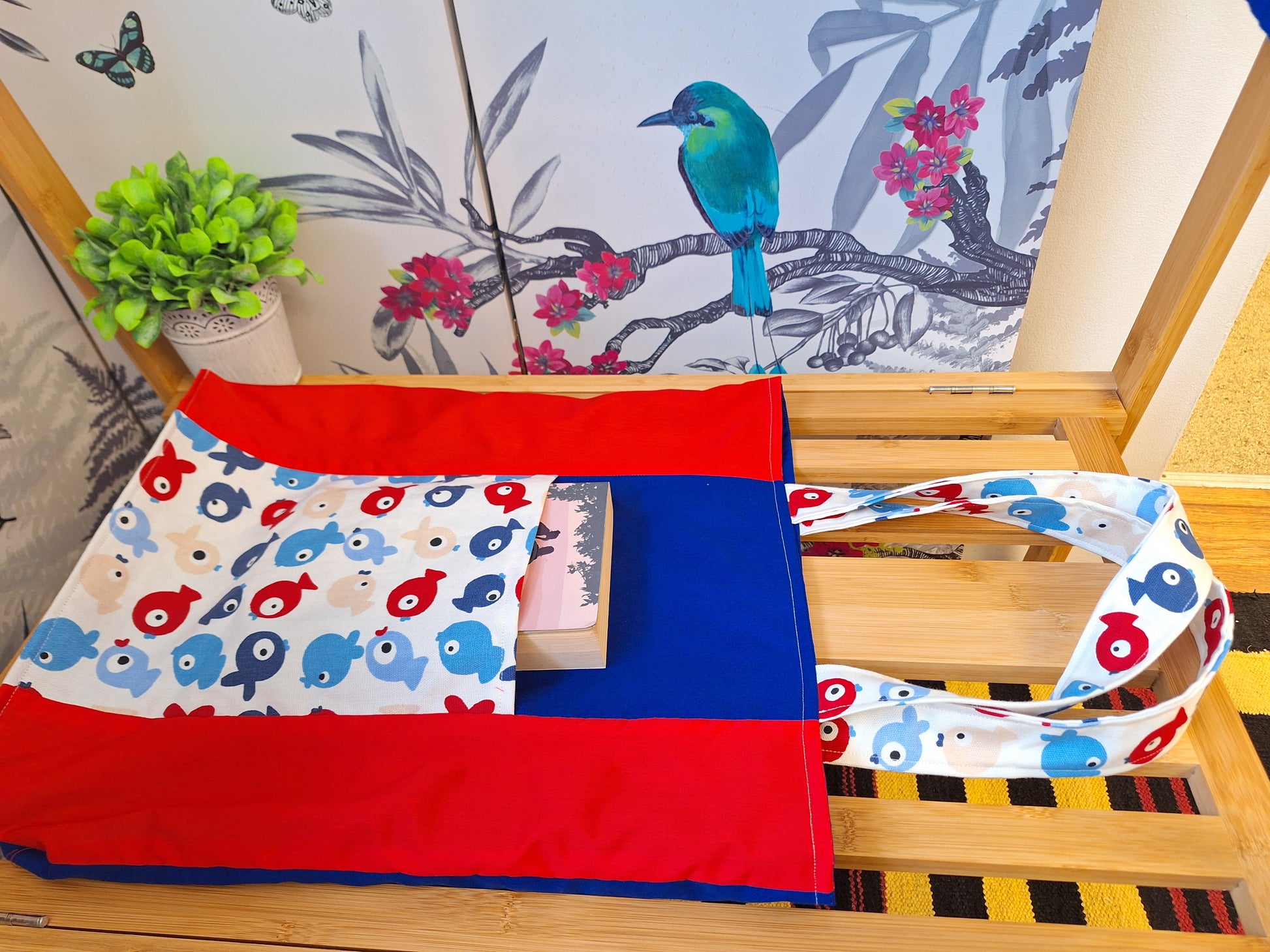 Copy of Red and Blue Fish Themed Tote Bag with Outside Pocket, Fully Lined with Shoulder Strap, Everyday Shopping tote Bag, Gift for Fish Lovers.