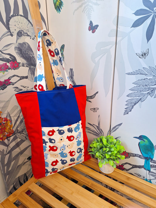 Copy of Red and Blue Fish Themed Tote Bag with Outside Pocket, Fully Lined with Shoulder Strap, Everyday Shopping tote Bag, Gift for Fish Lovers.