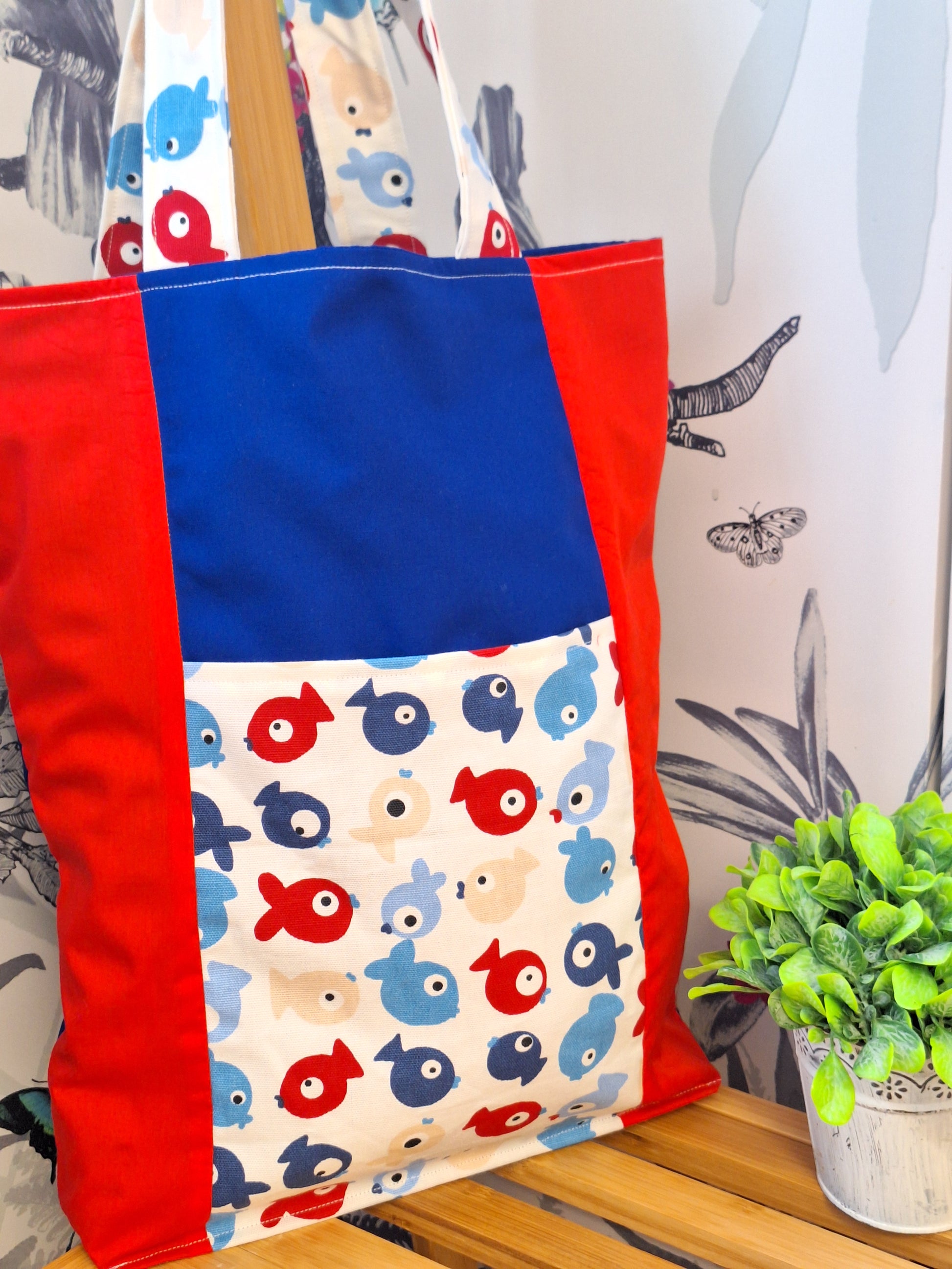 Copy of Red and Blue Fish Themed Tote Bag with Outside Pocket, Fully Lined with Shoulder Strap, Everyday Shopping tote Bag, Gift for Fish Lovers.
