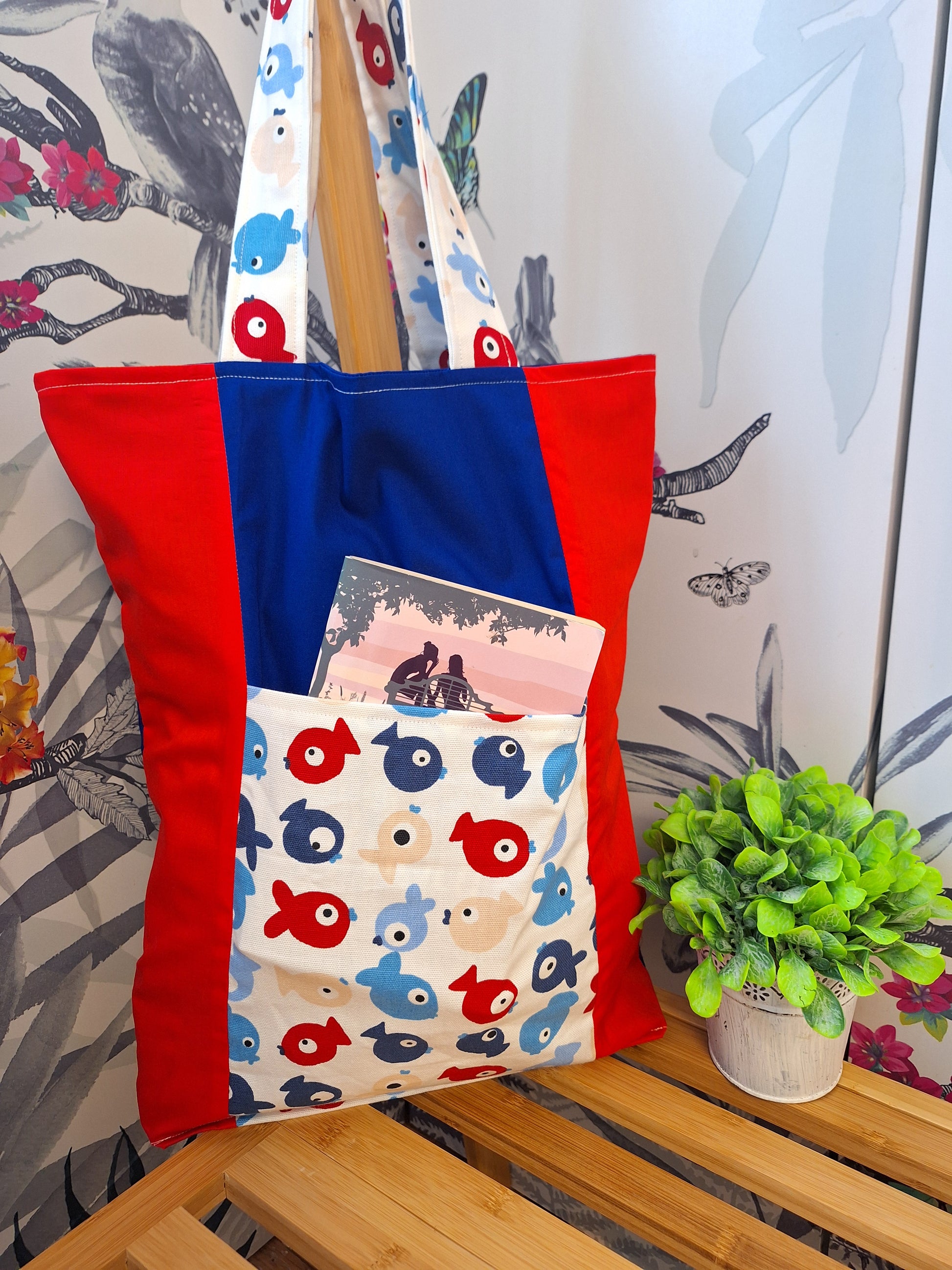 Copy of Red and Blue Fish Themed Tote Bag with Outside Pocket, Fully Lined with Shoulder Strap, Everyday Shopping tote Bag, Gift for Fish Lovers.
