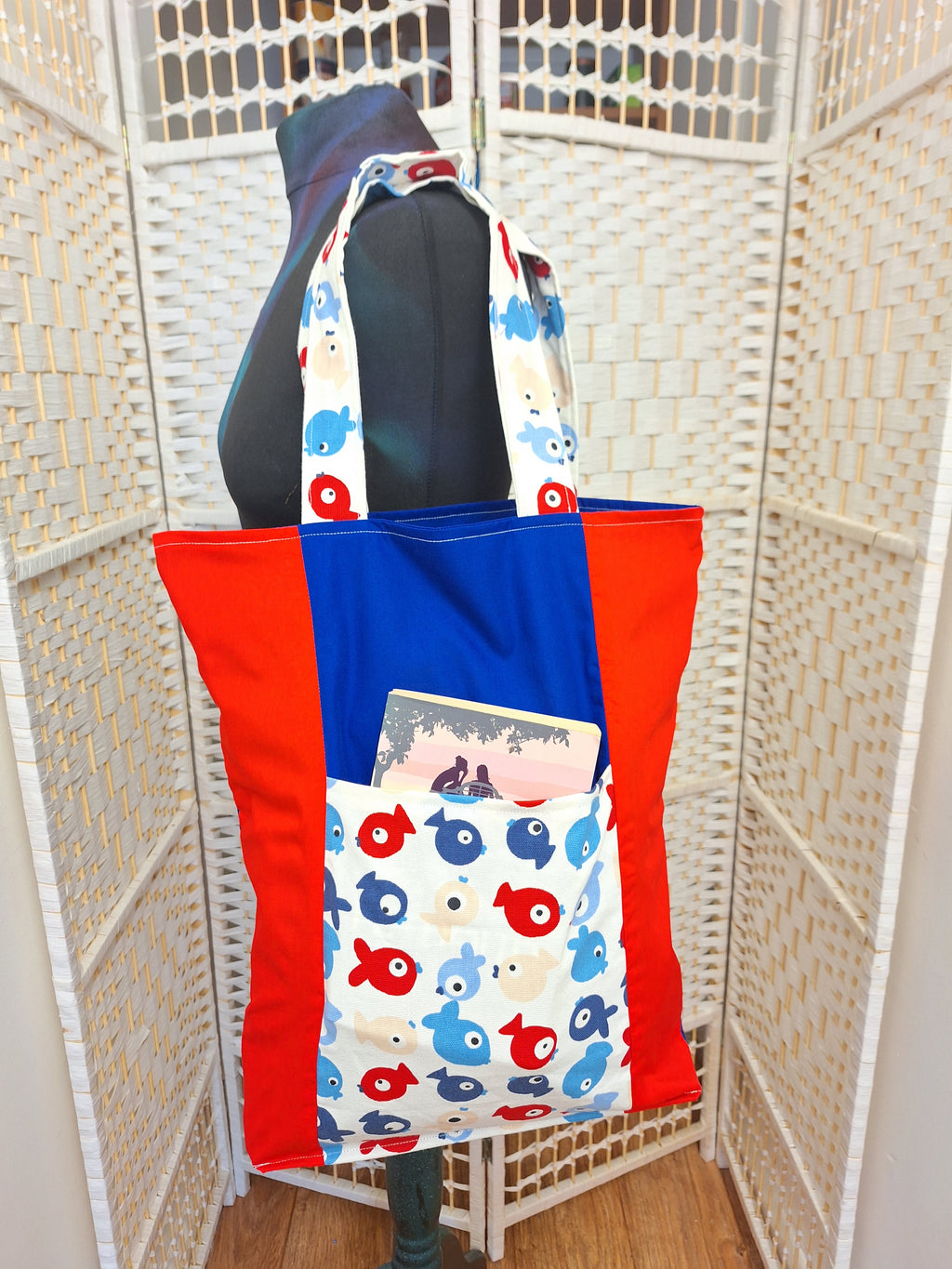 Copy of Red and Blue Fish Themed Tote Bag with Outside Pocket, Fully Lined with Shoulder Strap, Everyday Shopping tote Bag, Gift for Fish Lovers.