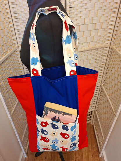 Copy of Red and Blue Fish Themed Tote Bag with Outside Pocket, Fully Lined with Shoulder Strap, Everyday Shopping tote Bag, Gift for Fish Lovers.