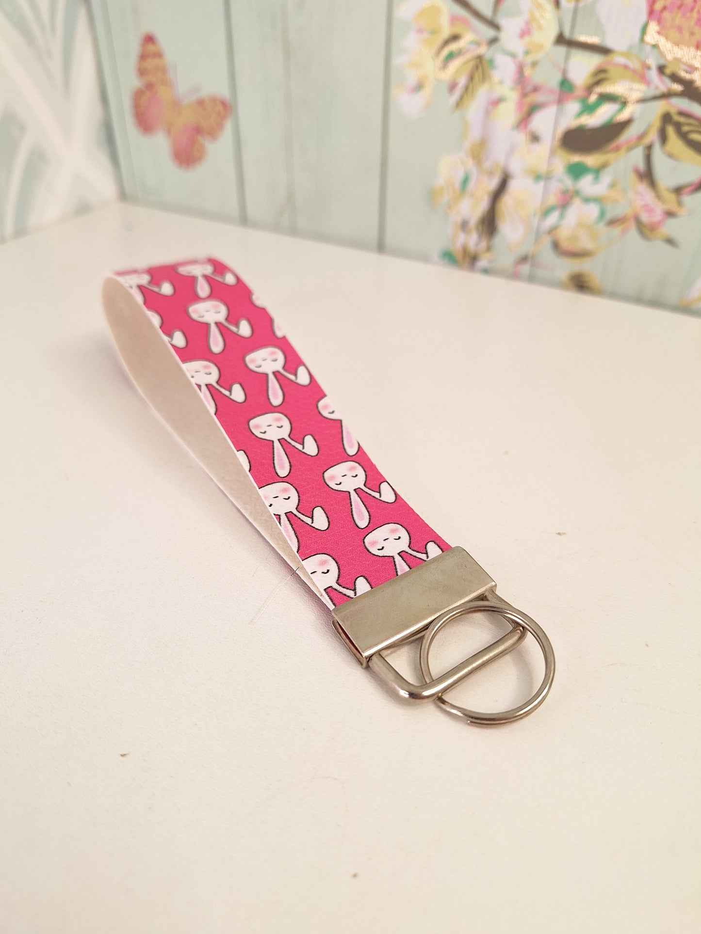 Rabbit Themed Faux leather key fob wristlet, Pink Letterbox Gift, Animal Lover Simple Small Presents for Her, Cute Animal Themed Gifts