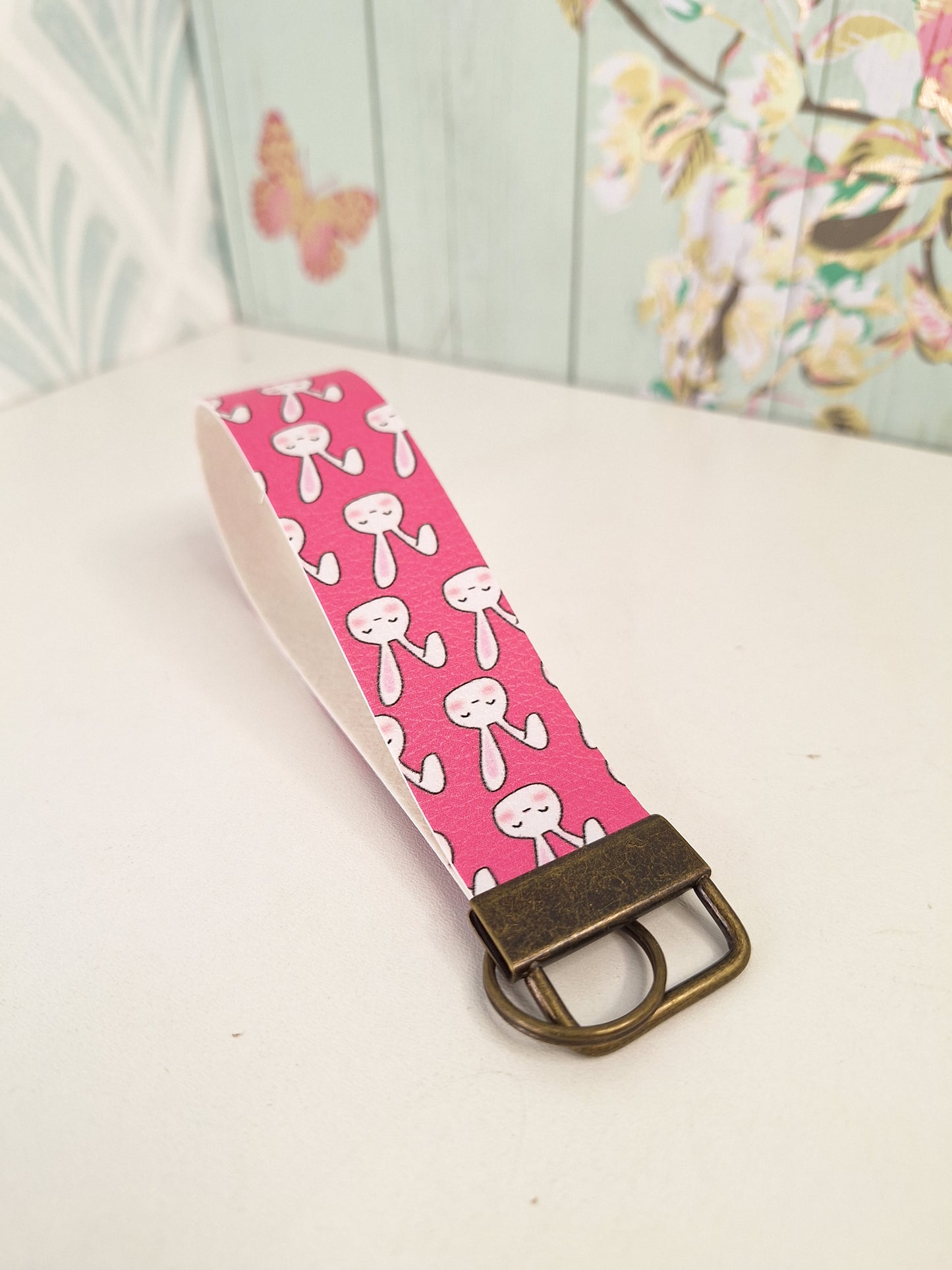 Rabbit Themed Faux leather key fob wristlet, Pink Letterbox Gift, Animal Lover Simple Small Presents for Her, Cute Animal Themed Gifts