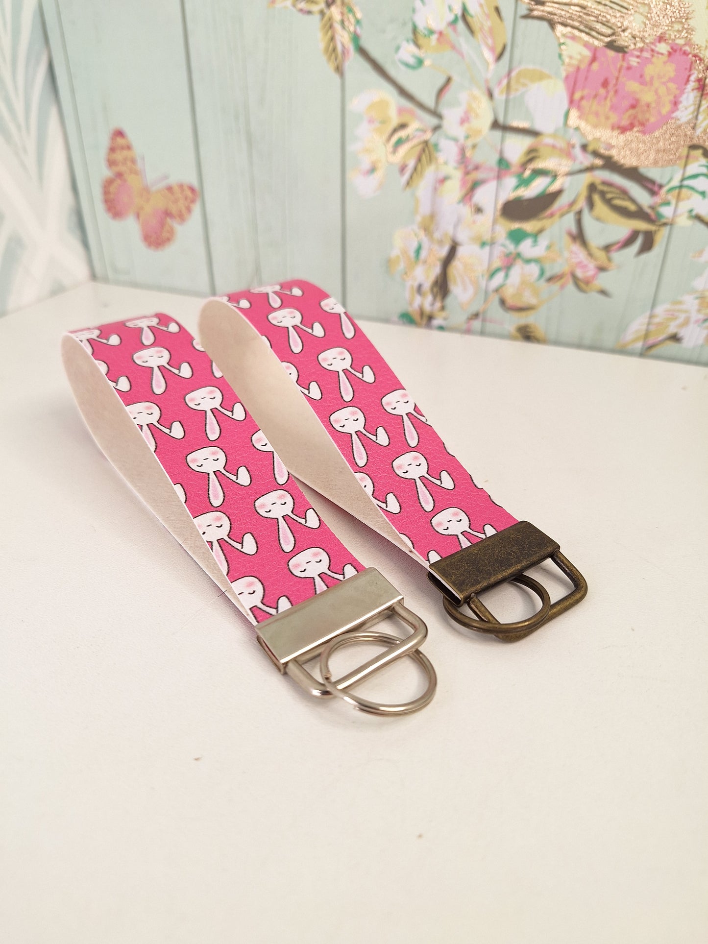 Rabbit Themed Faux leather key fob wristlet, Pink Letterbox Gift, Animal Lover Simple Small Presents for Her, Cute Animal Themed Gifts