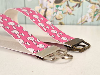 Rabbit Themed Faux leather key fob wristlet, Pink Letterbox Gift, Animal Lover Simple Small Presents for Her, Cute Animal Themed Gifts