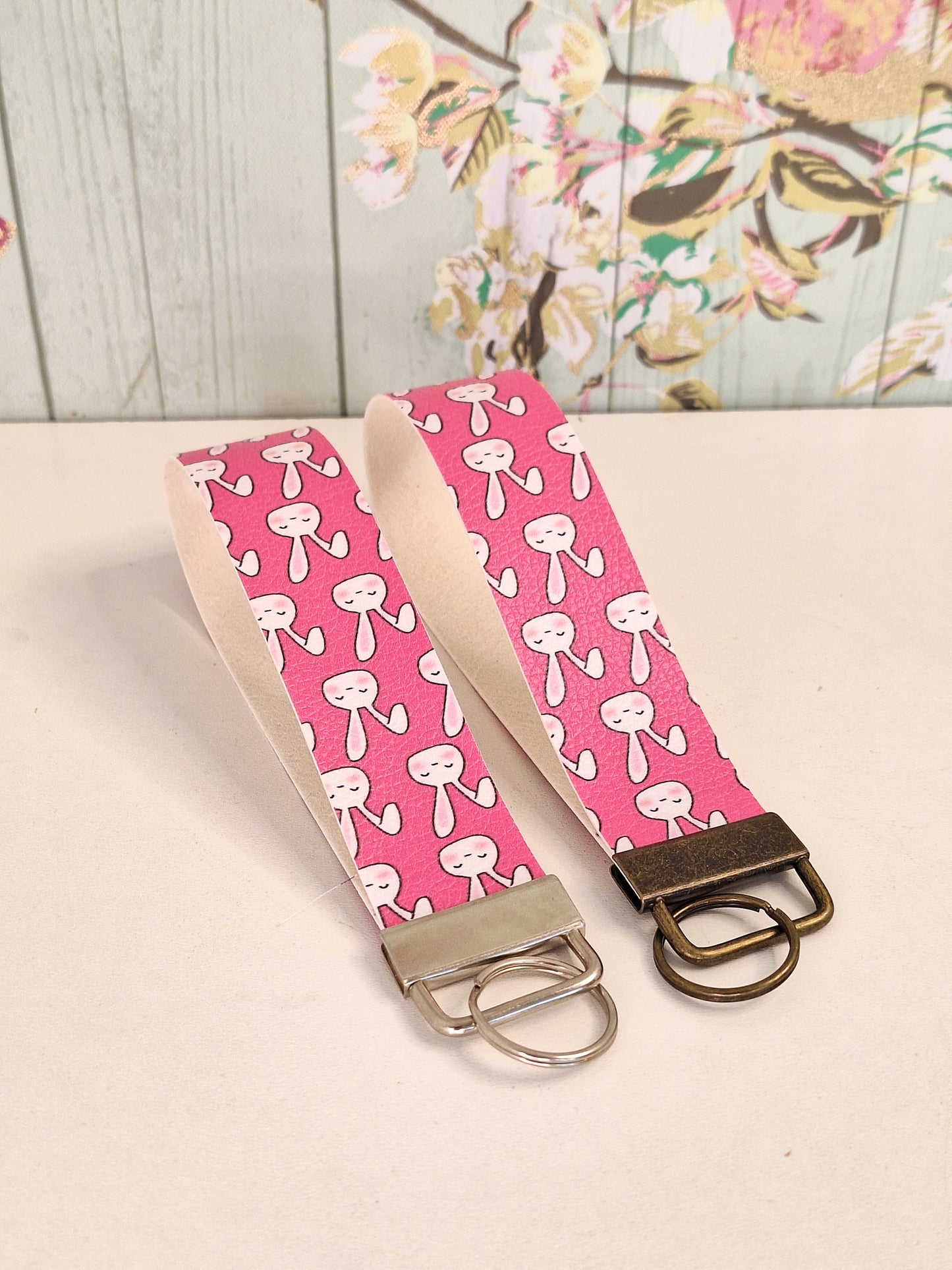 Rabbit Themed Faux leather key fob wristlet, Pink Letterbox Gift, Animal Lover Simple Small Presents for Her, Cute Animal Themed Gifts