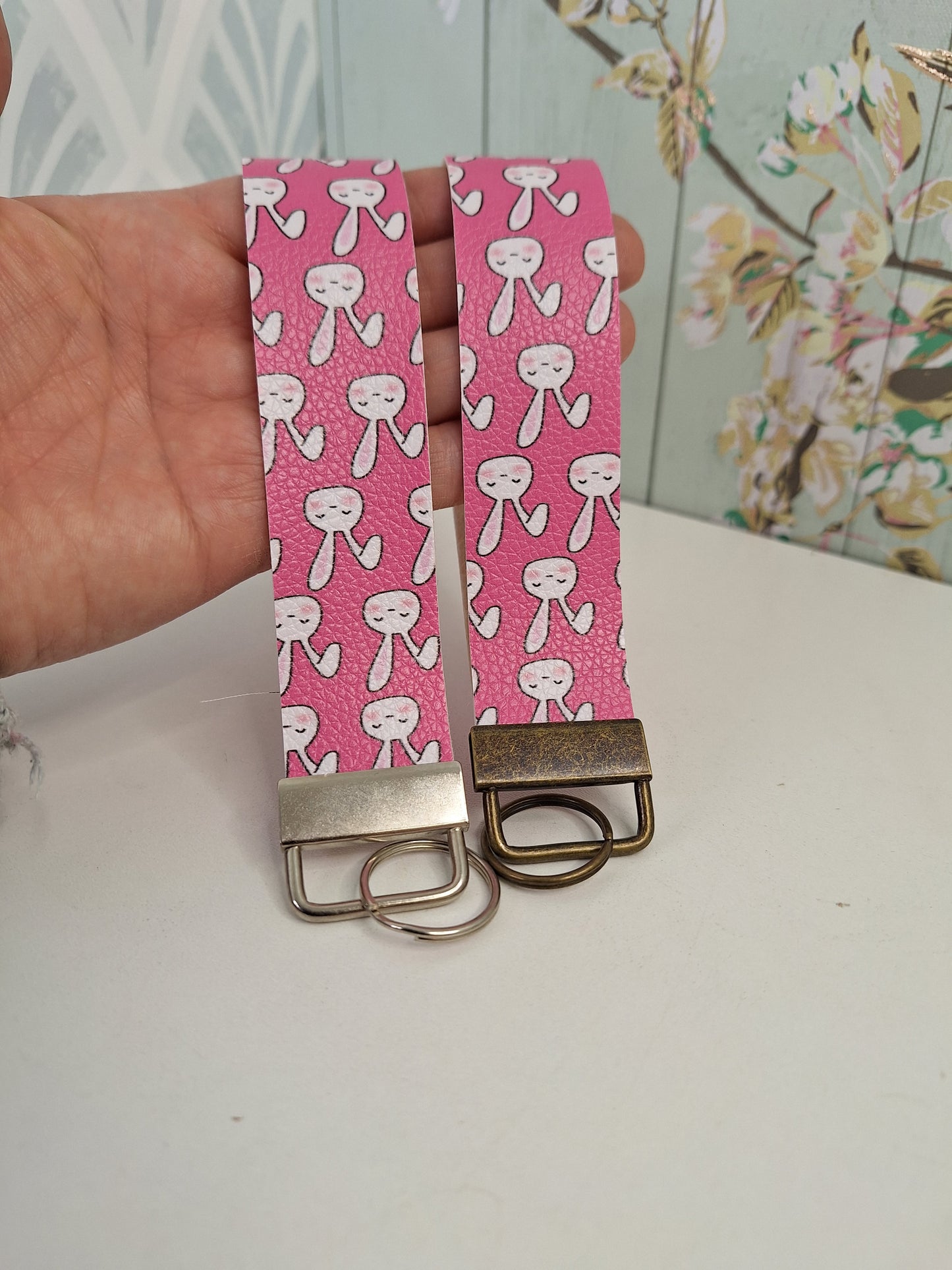 Rabbit Themed Faux leather key fob wristlet, Pink Letterbox Gift, Animal Lover Simple Small Presents for Her, Cute Animal Themed Gifts