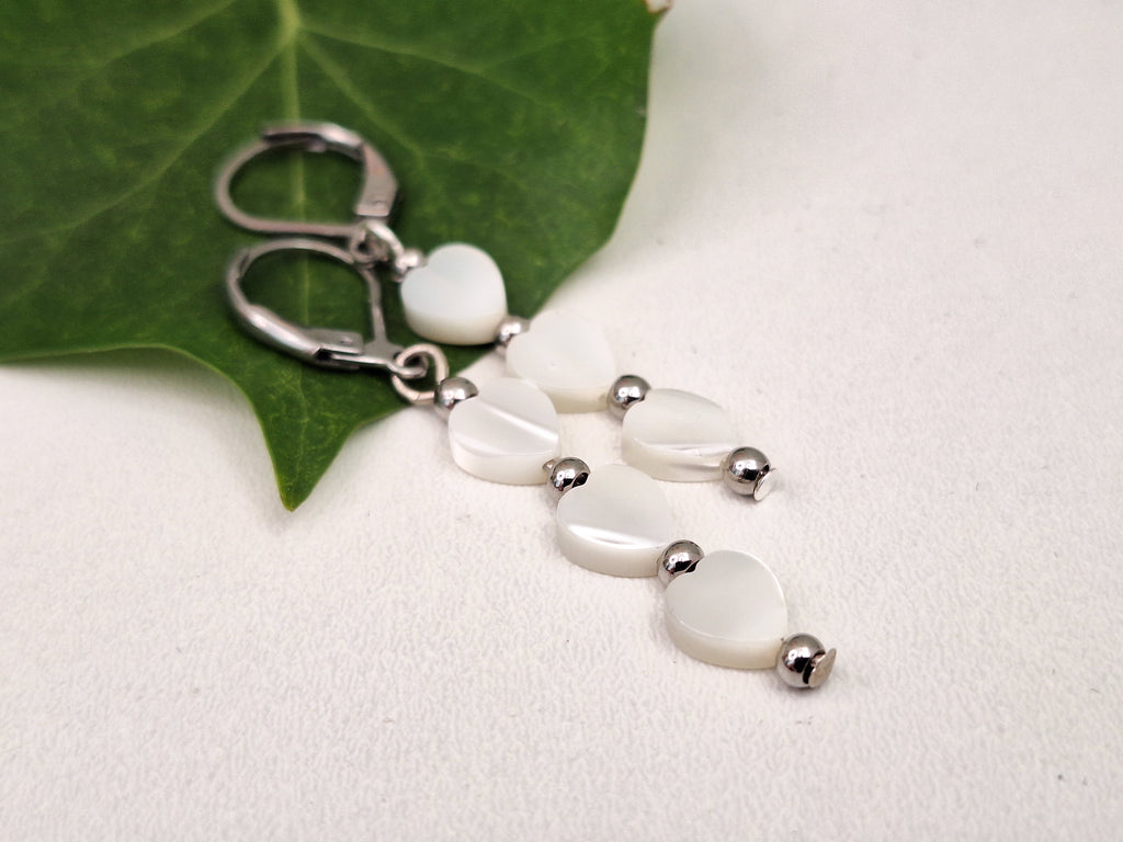 Mother of Pearl Dangle Drop Earring, Heart Themed Minimalistic Jewellery for Gifts, Steel Leaver back Earrings