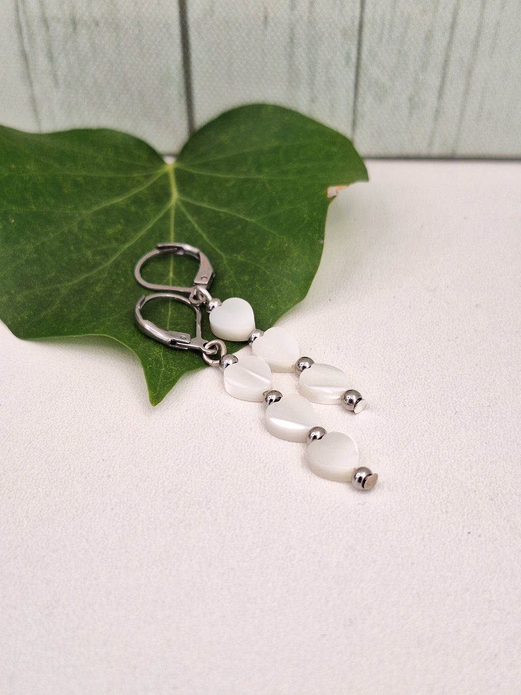 Mother of Pearl Dangle Drop Earring, Heart Themed Minimalistic Jewellery for Gifts, Steel Leaver back Earrings