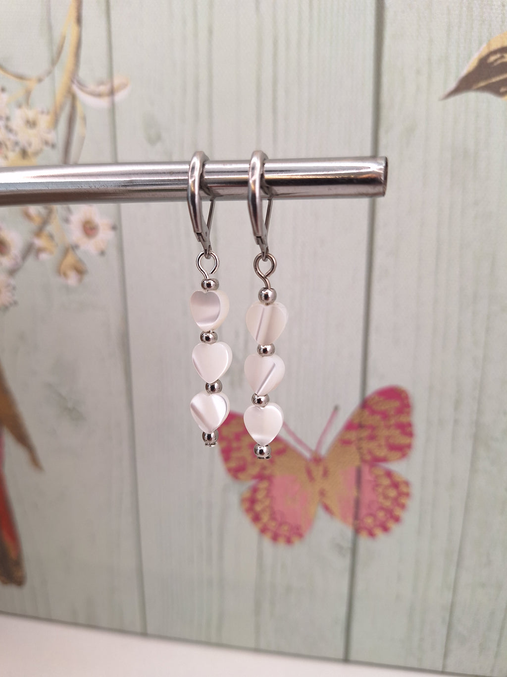 Mother of Pearl Dangle Drop Earring, Heart Themed Minimalistic Jewellery for Gifts, Steel Leaver back Earrings