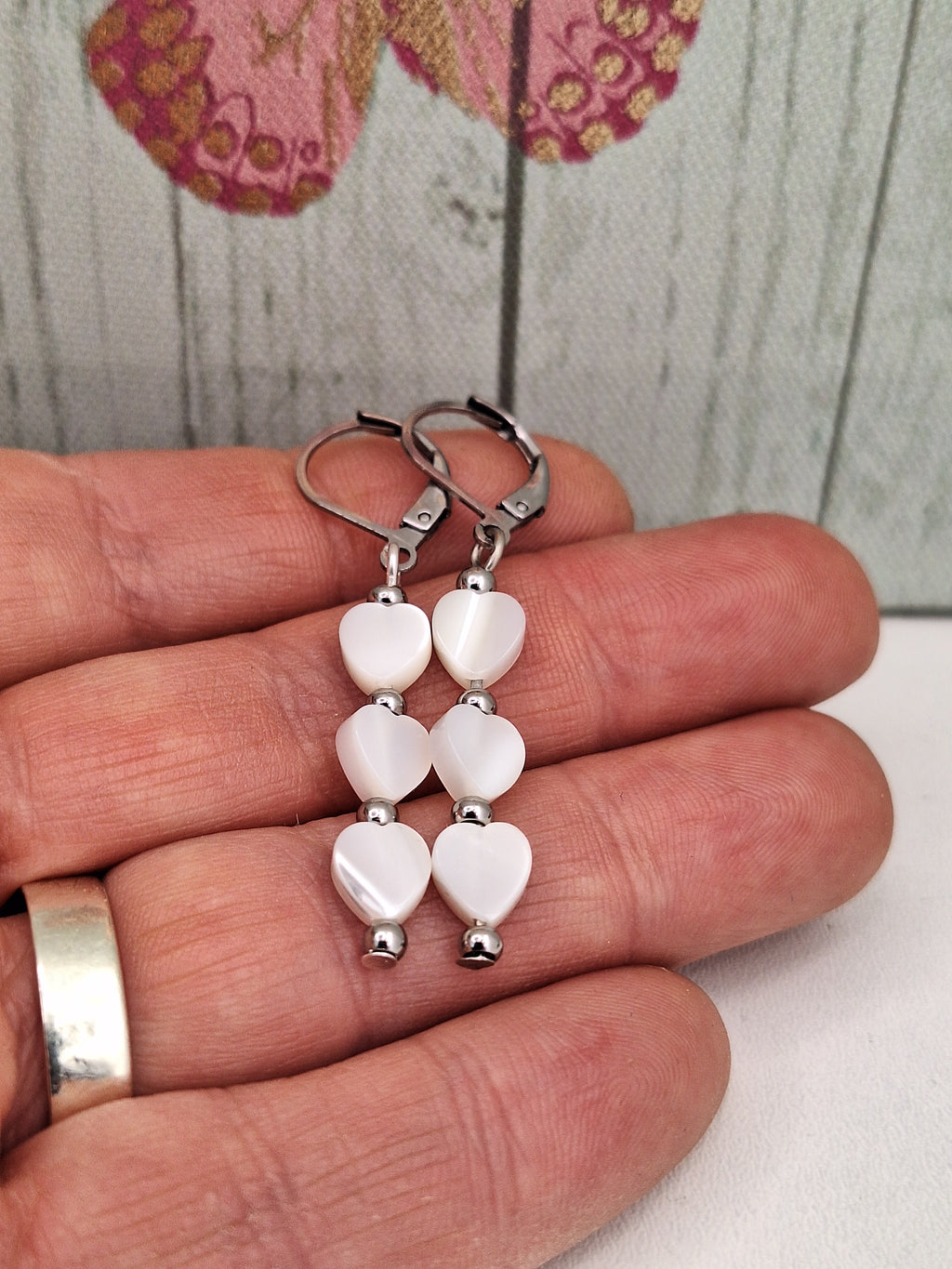 Mother of Pearl Dangle Drop Earring, Heart Themed Minimalistic Jewellery for Gifts, Steel Leaver back Earrings