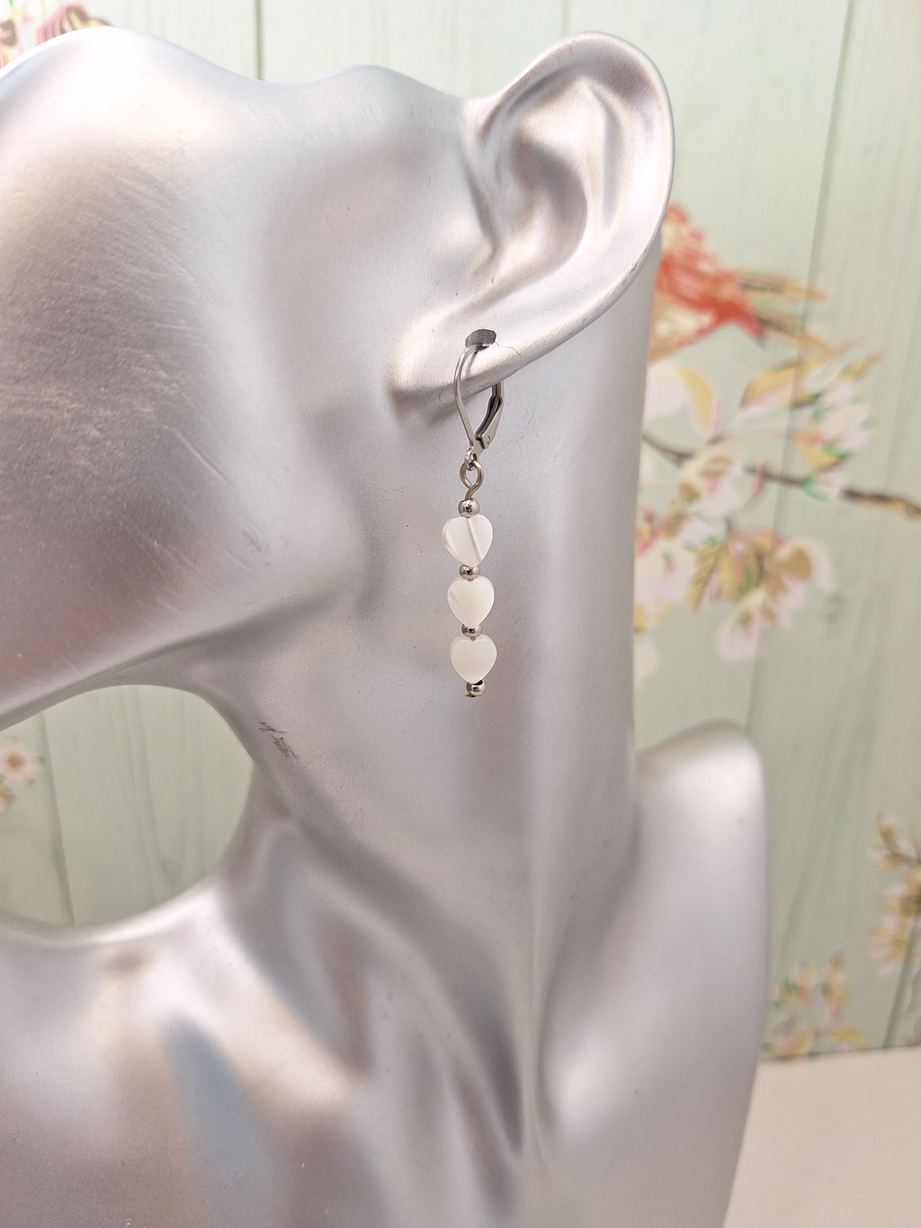 Mother of Pearl Dangle Drop Earring, Heart Themed Minimalistic Jewellery for Gifts, Steel Leaver back Earrings