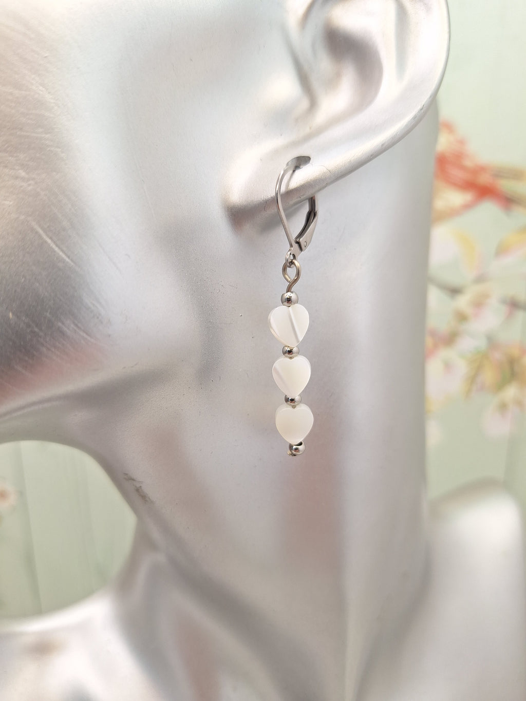 Mother of Pearl Dangle Drop Earring, Heart Themed Minimalistic Jewellery for Gifts, Steel Leaver back Earrings