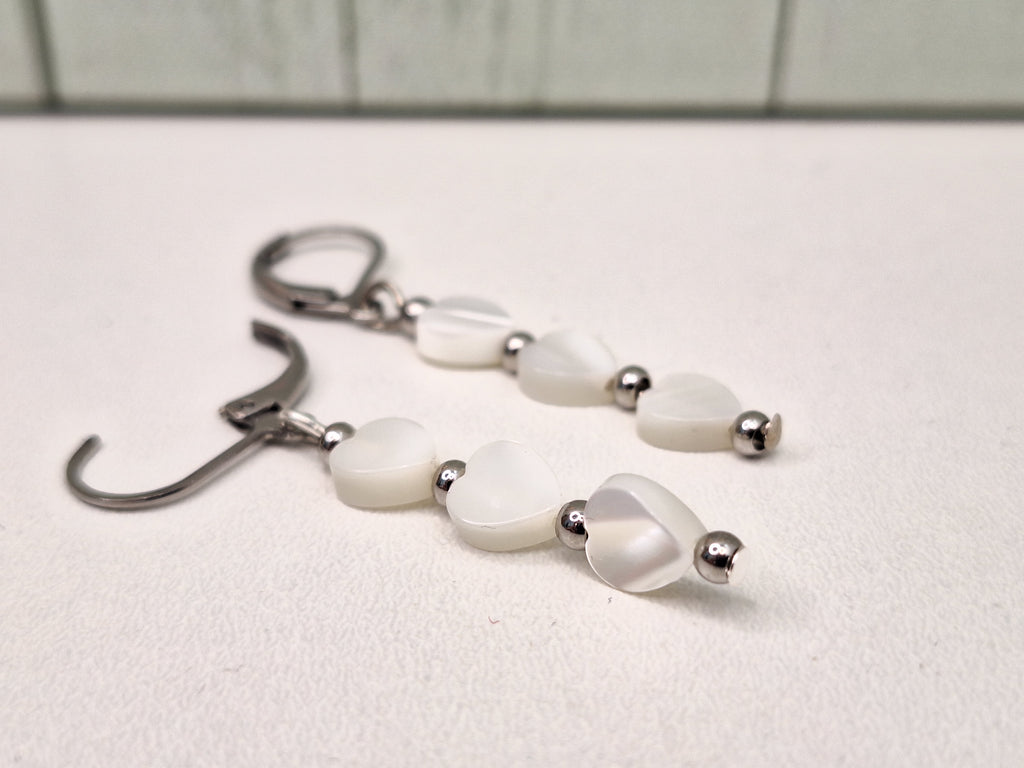 Mother of Pearl Dangle Drop Earring, Heart Themed Minimalistic Jewellery for Gifts, Steel Leaver back Earrings