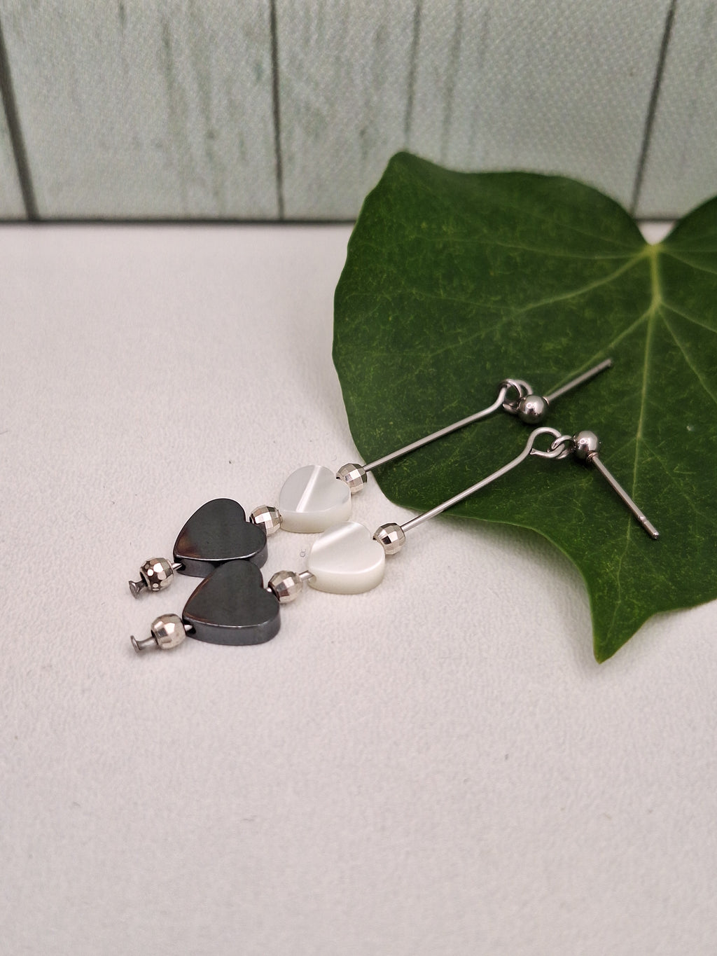 Mother of Pearl/Hematite and 925 Bead Dangle Drop Earring, Heart Themed Minimalistic Jewellery for Gifts, Steel 304 Earrings for Her