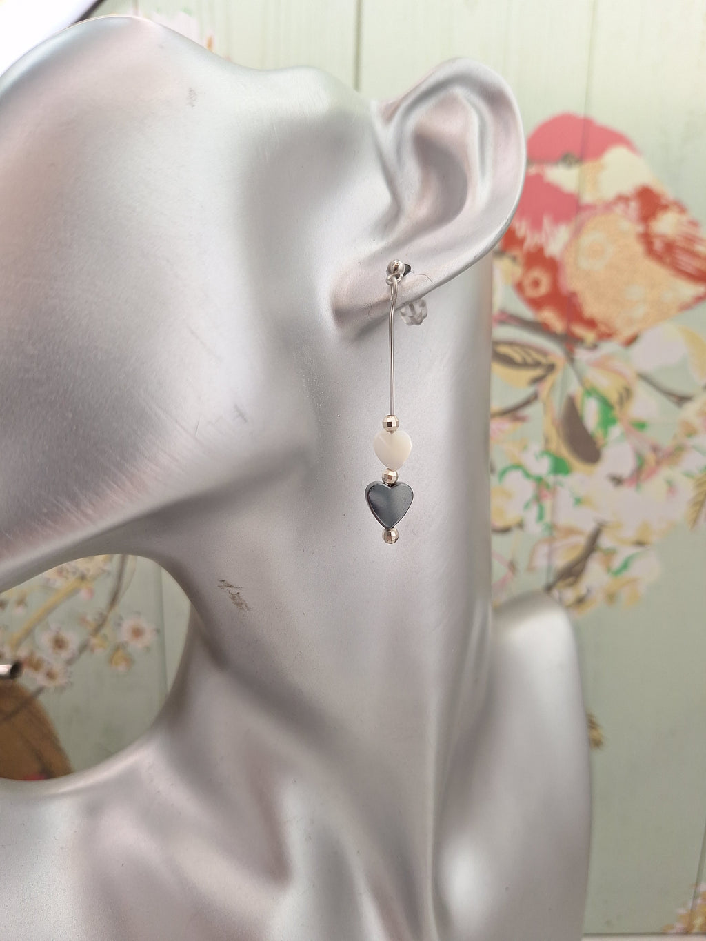 Mother of Pearl/Hematite and 925 Bead Dangle Drop Earring, Heart Themed Minimalistic Jewellery for Gifts, Steel 304 Earrings for Her